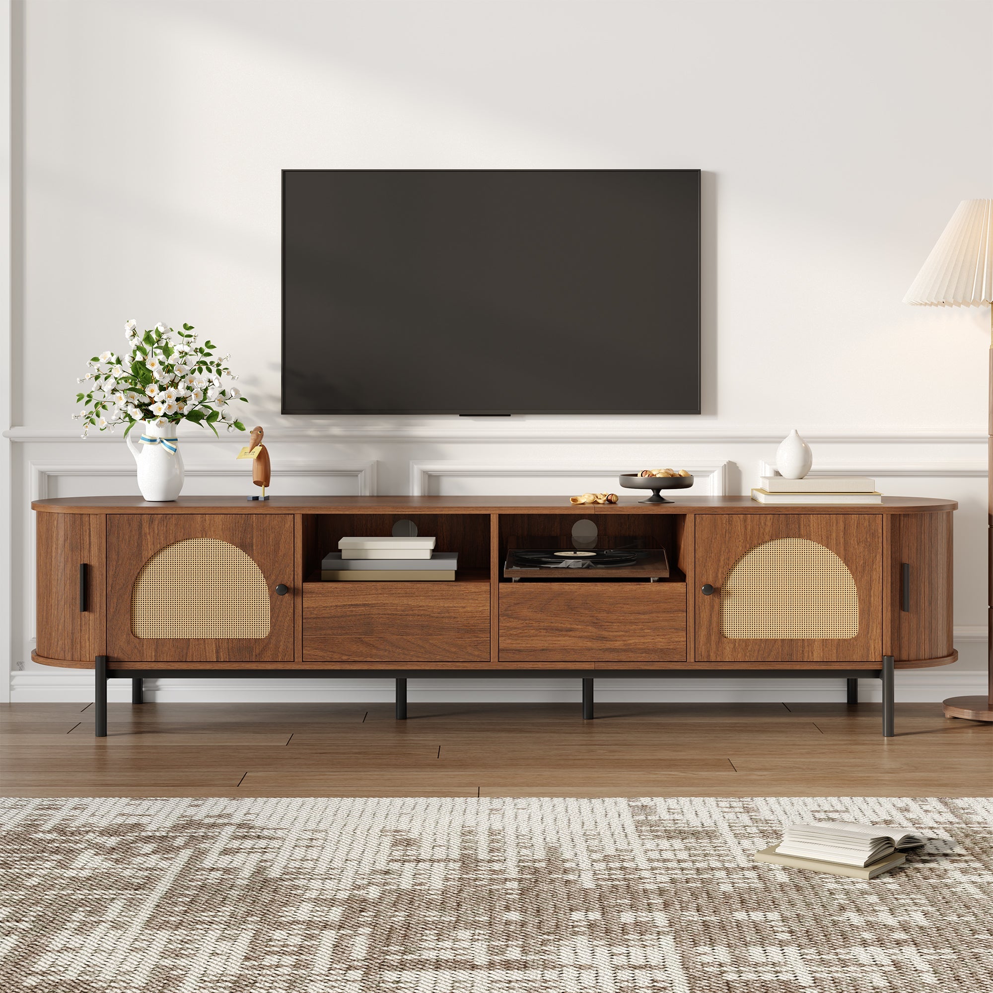 Oval TV Cabinet with Rattan Sliding Doors and Drawers, Wood Look and Metal Legs