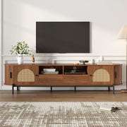 Oval TV Cabinet with Rattan Sliding Doors and Drawers, Wood Look and Metal Legs