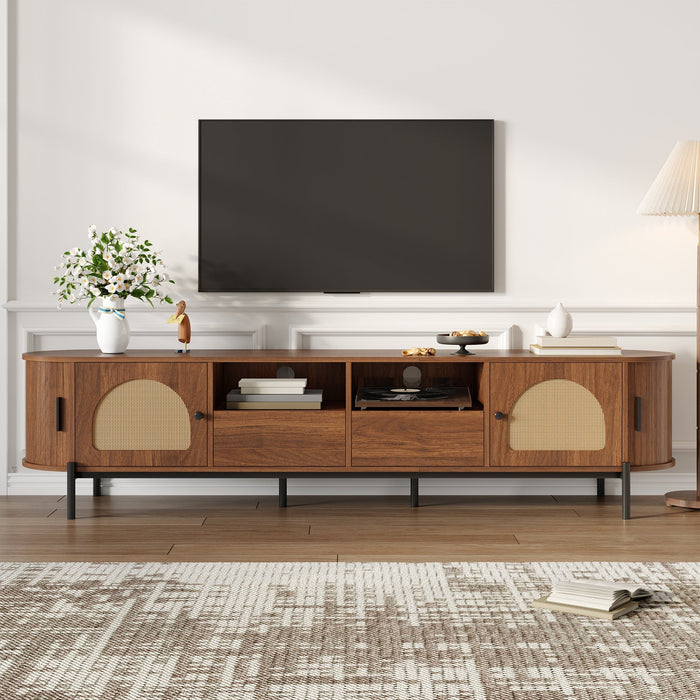 Oval TV Cabinet with Rattan Sliding Doors and Drawers, Wood Look and Metal Legs