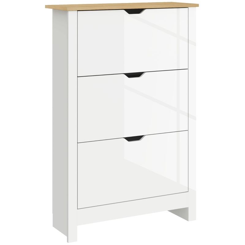 Slim Shoe Cabinet with 3 Flip Drawers and Adjustable Shelves for 18 Pairs, High Gloss White