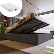 Double Bed with Wireless Charging, Storage, Wood Slatted Frame - Grey Cotton