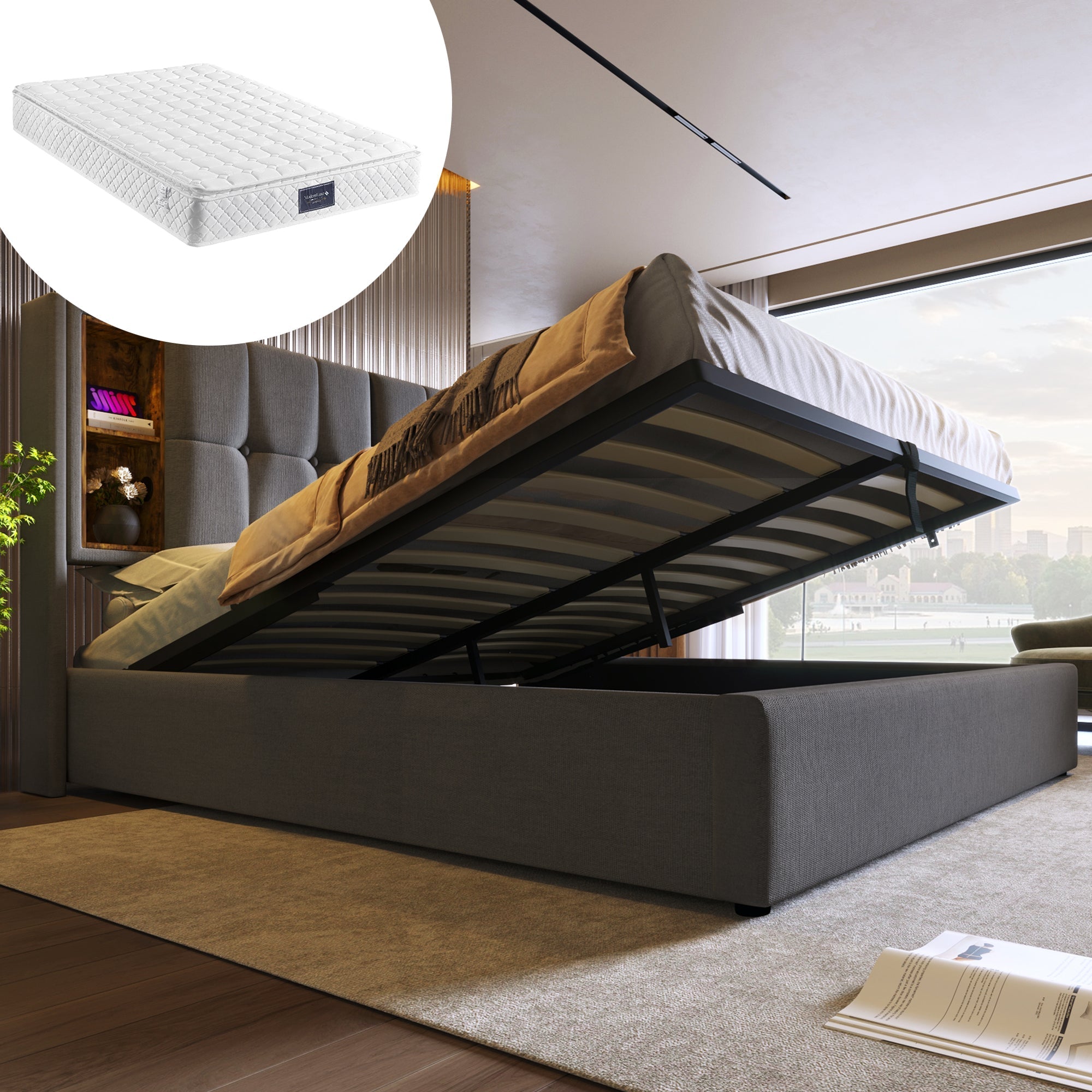Double Bed with Wireless Charging USB C, 140x200cm, Storage, Wood-Grey Cotton