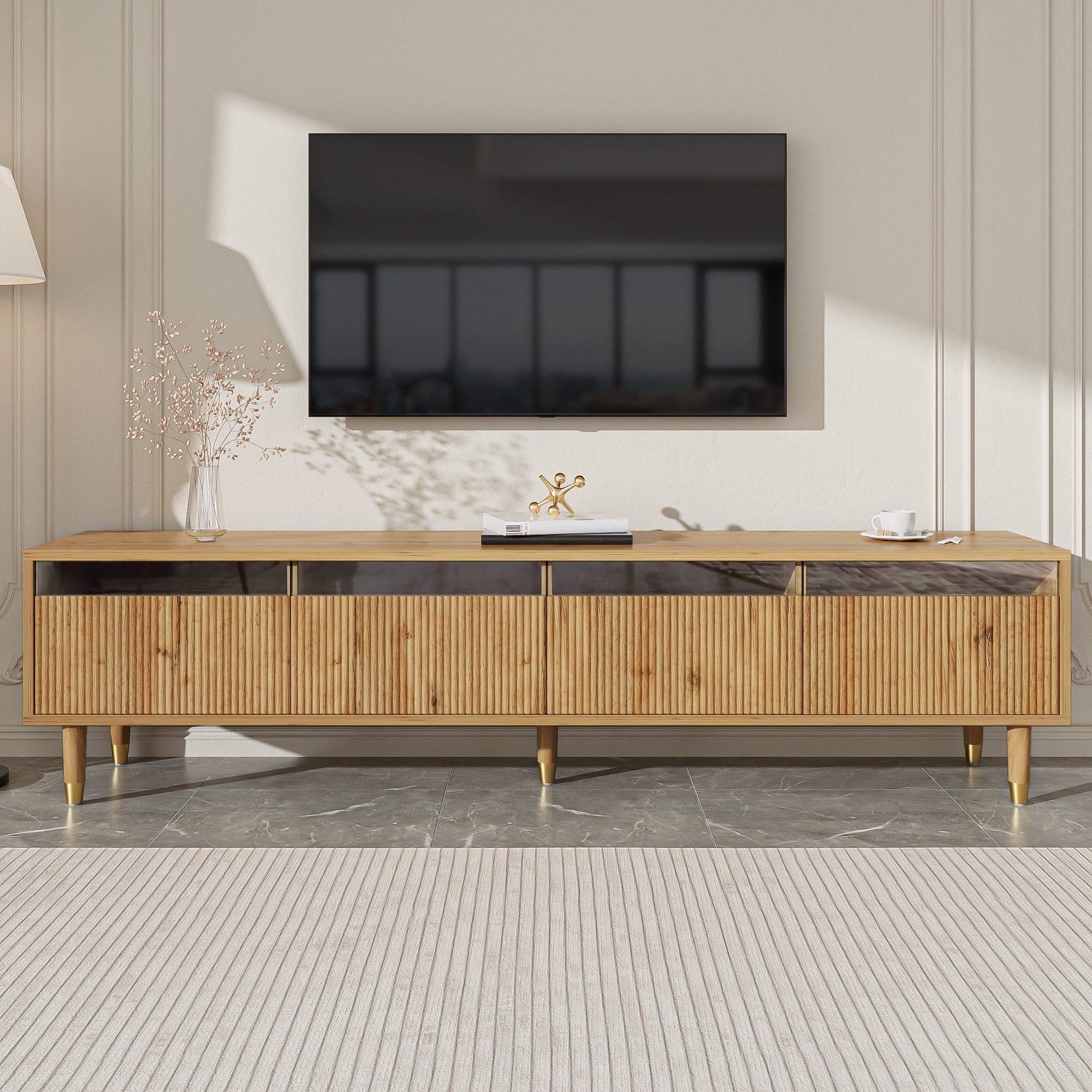 Modern TV Cabinet 178cm Minimalist Large Storage 4 Drawers, Wood Look MDF & Acrylic