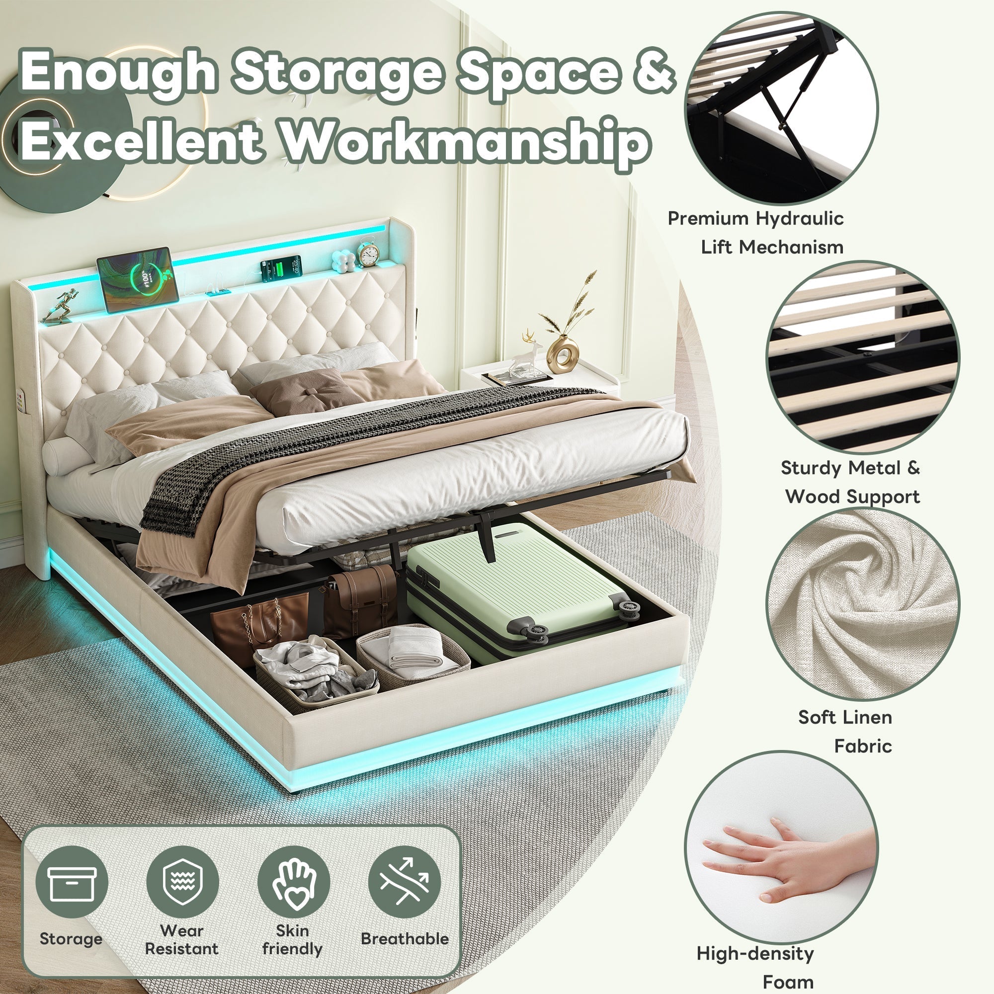 5ft King Upholstered Bed Frame, Hydraulic Storage LED Headboard Charging Station, Linen Beige
