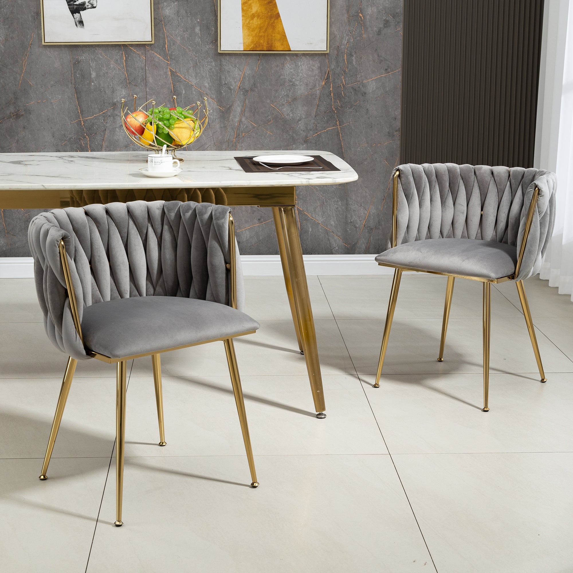 Velvet Dining Chair Set, Luxurious with Gold Metal Legs, Handwoven Design