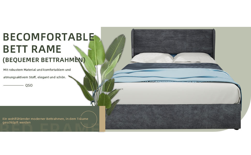Upholstered Bed, Modern Minimalist with Gas Lift Storage, Grey