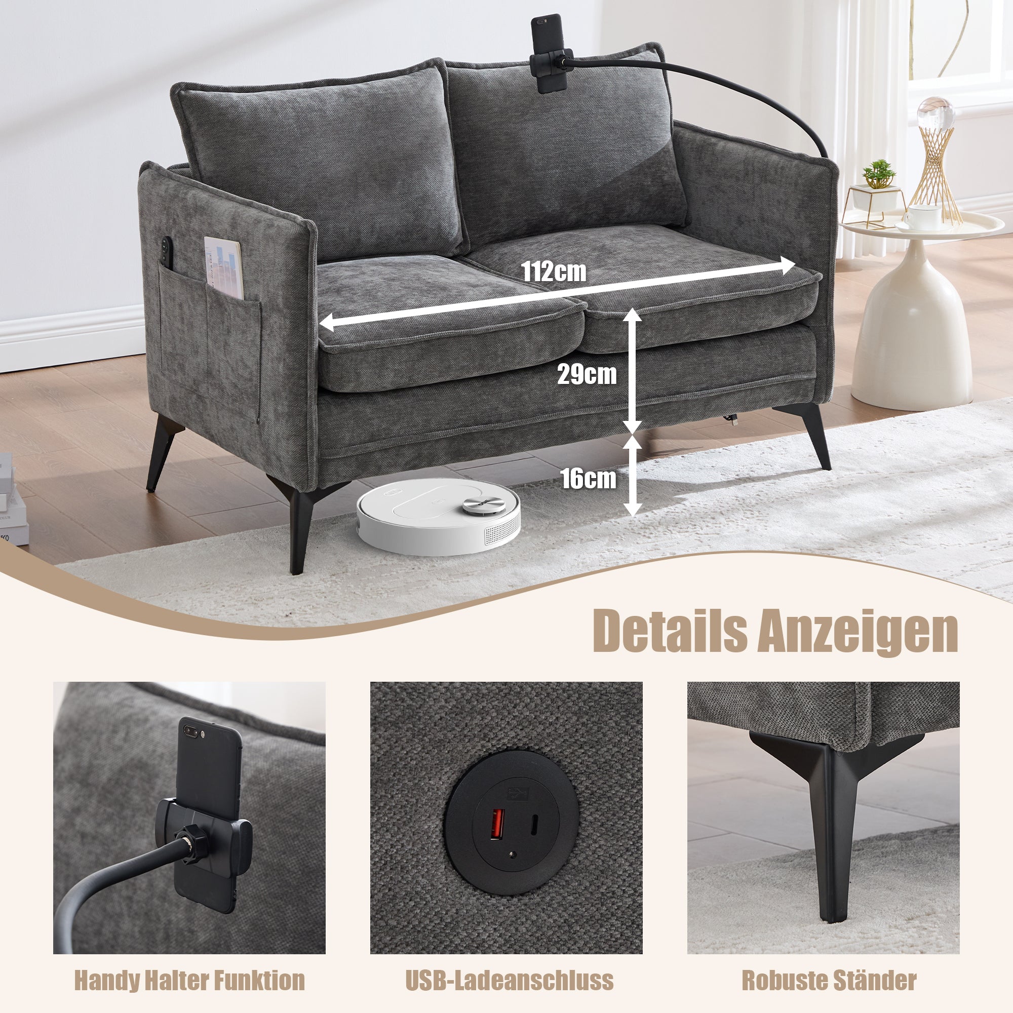 Modern Double Sofa, Small Fabric Armchair with Storage Side Pocket & Adjustable Phone Holder, Fabric