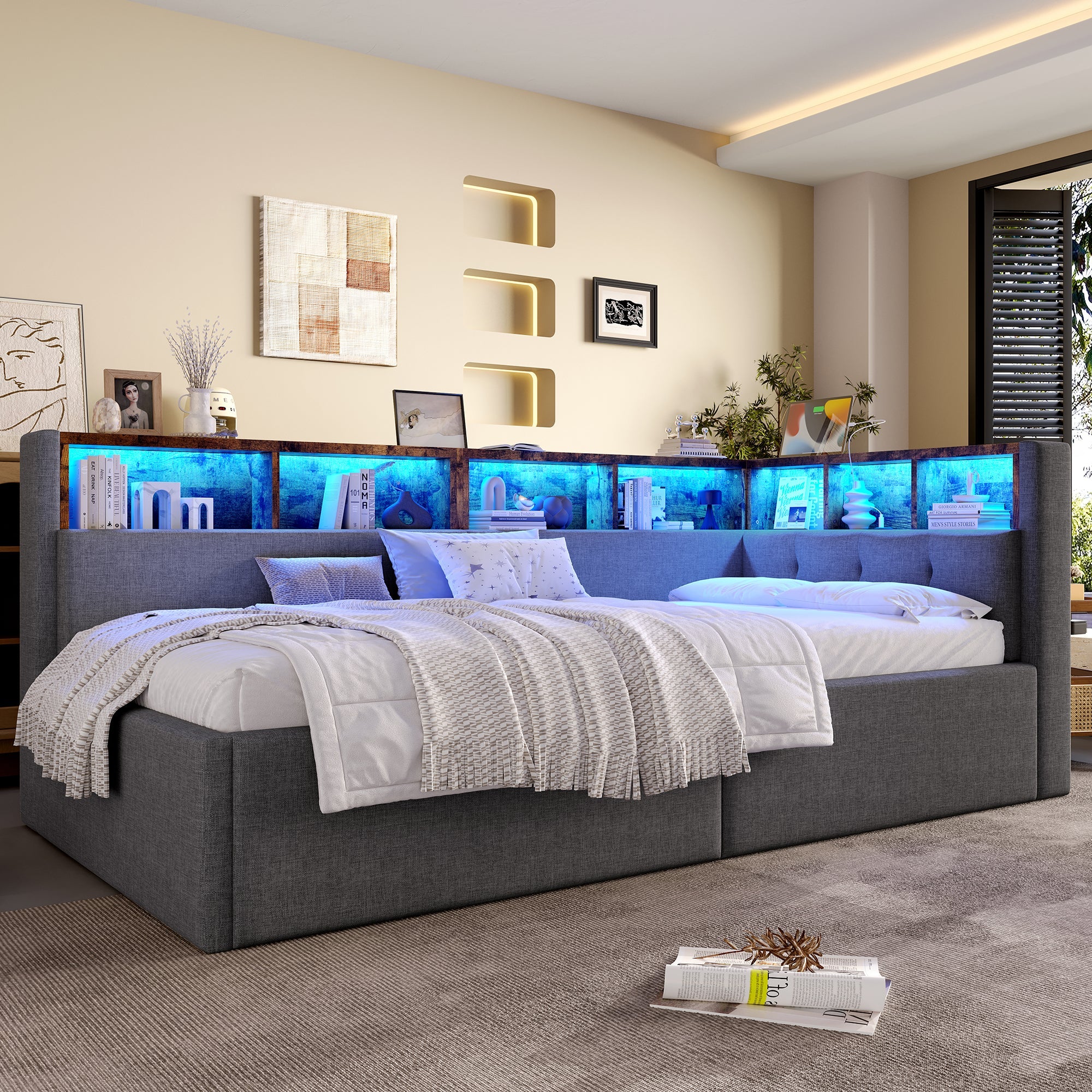 Daybed 90x200cm Hydraulic Storage LED USB/Type-C - Linen Grey