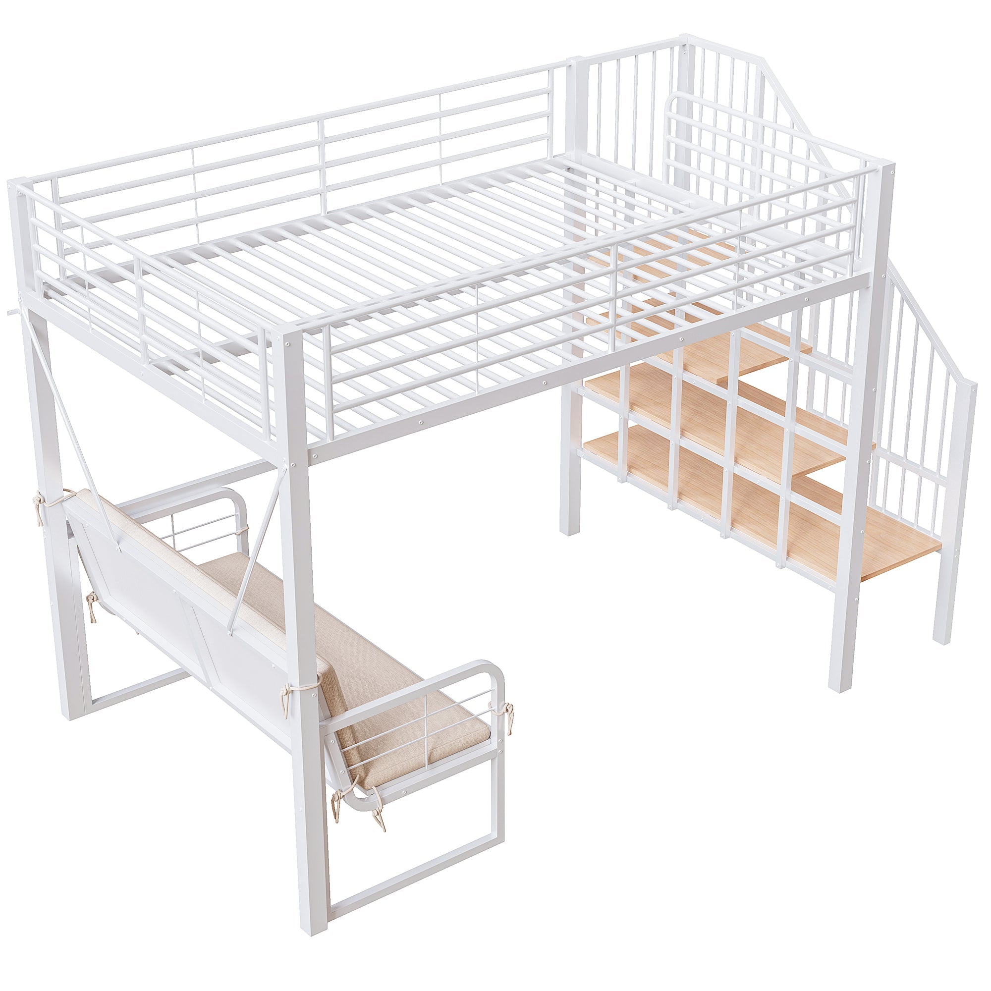 Bunk Bed with Removable Sofa, Storage and Safety Stairs, 140x200cm, White Metal