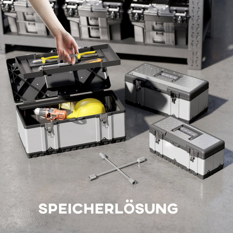 Tool Case, 3 Empty Tool Boxes with Removable Tray, Stainless Steel, Black + Silver