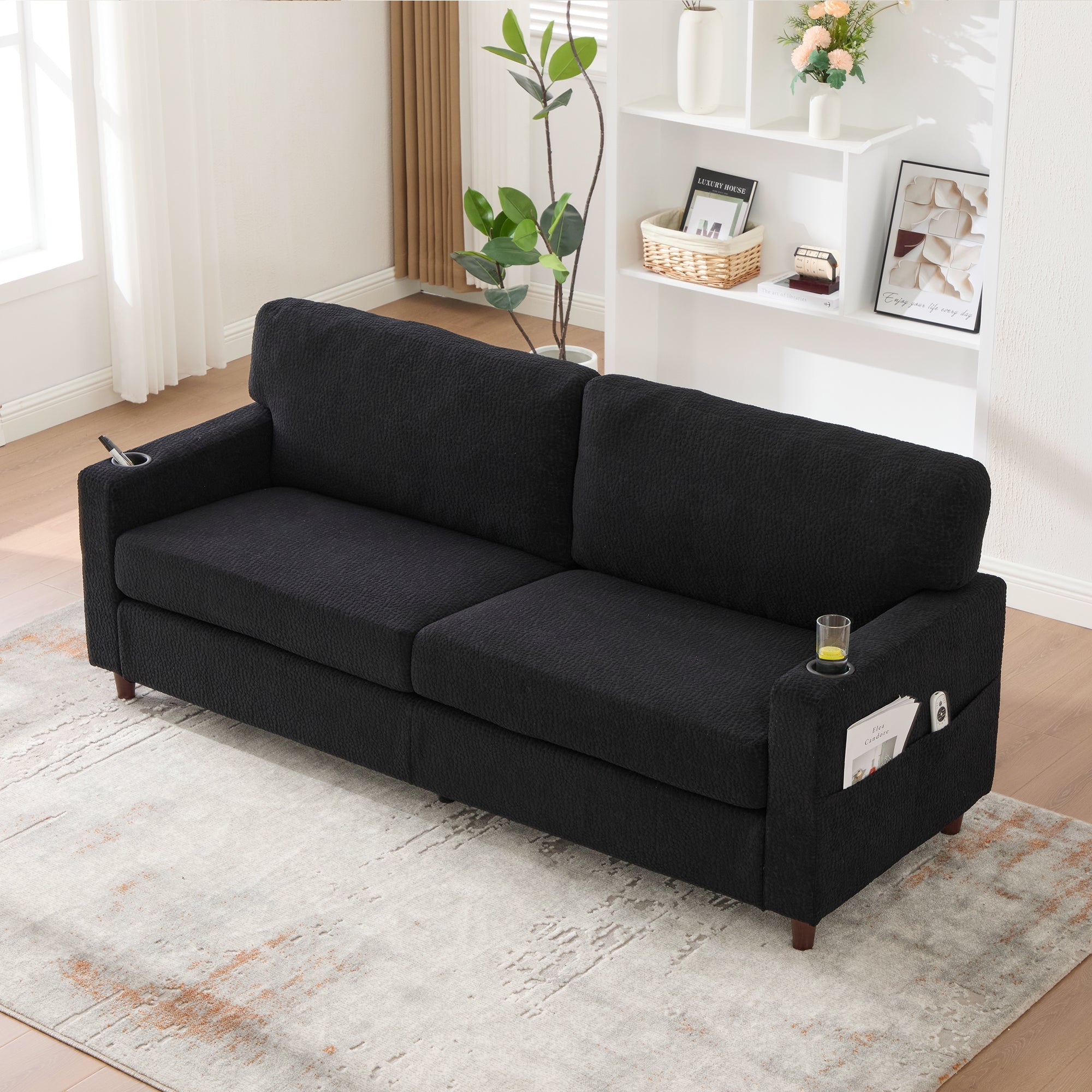 Modern 2-Seater Sofa USB-C LED Cup Holders Side Pockets - Black Chenille