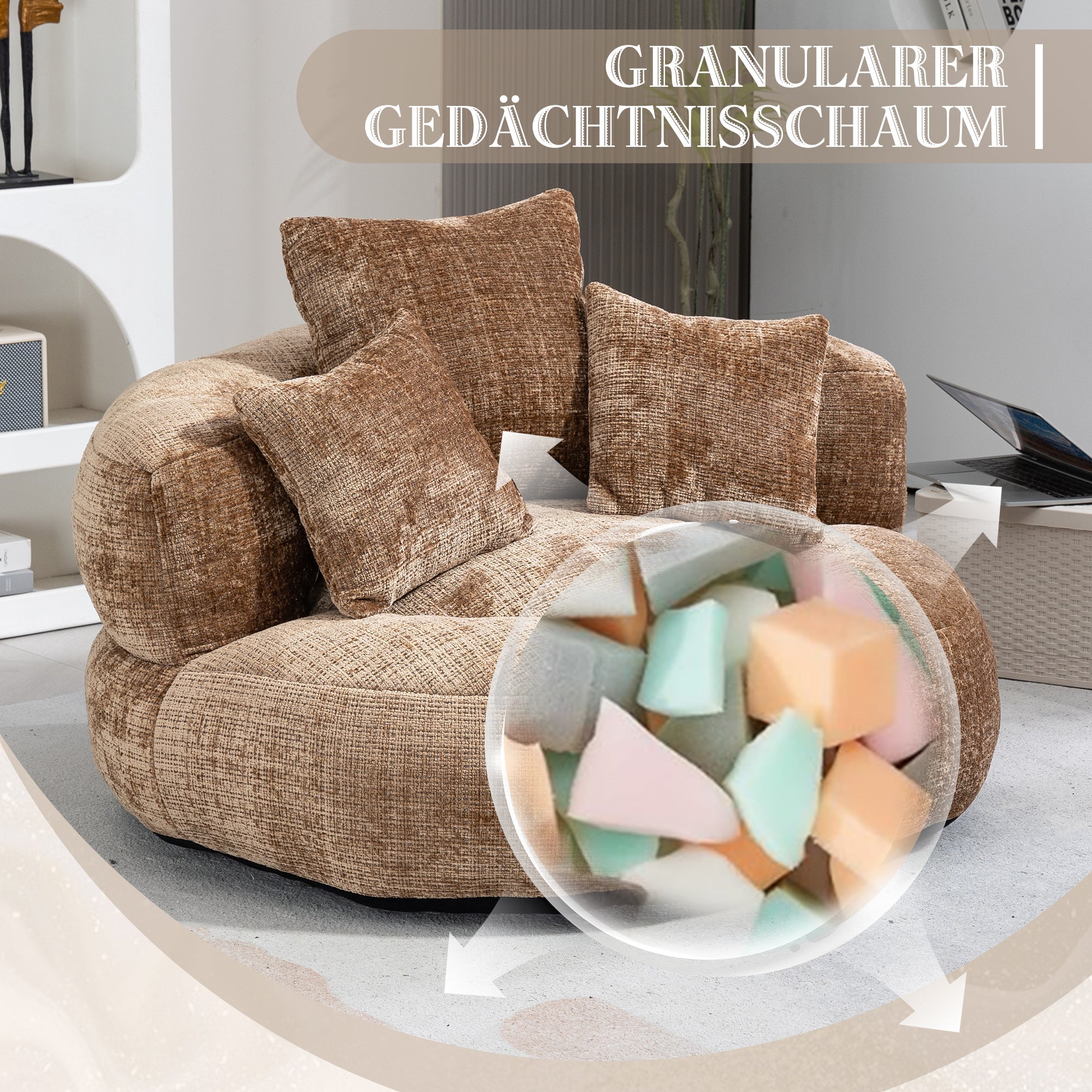 Lazy Sofa Durable High Back Bean Bag Chair Couch with Three Cushions, Coffee Chenille