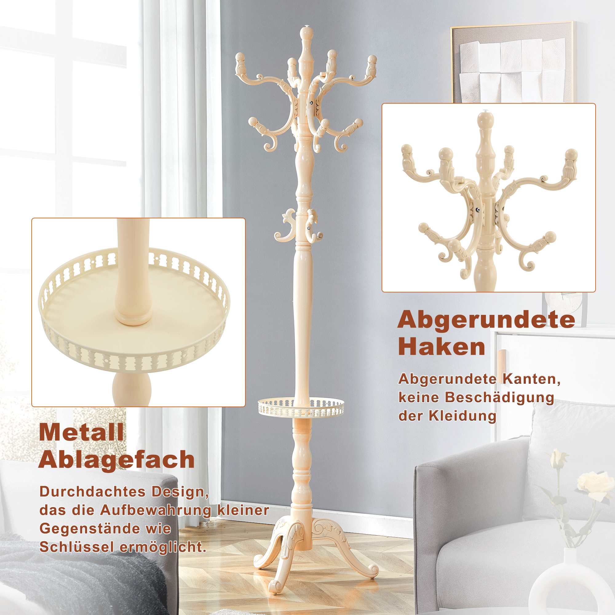 Clothes Rack European Solid Wood Multiple Hooks - Creamy White