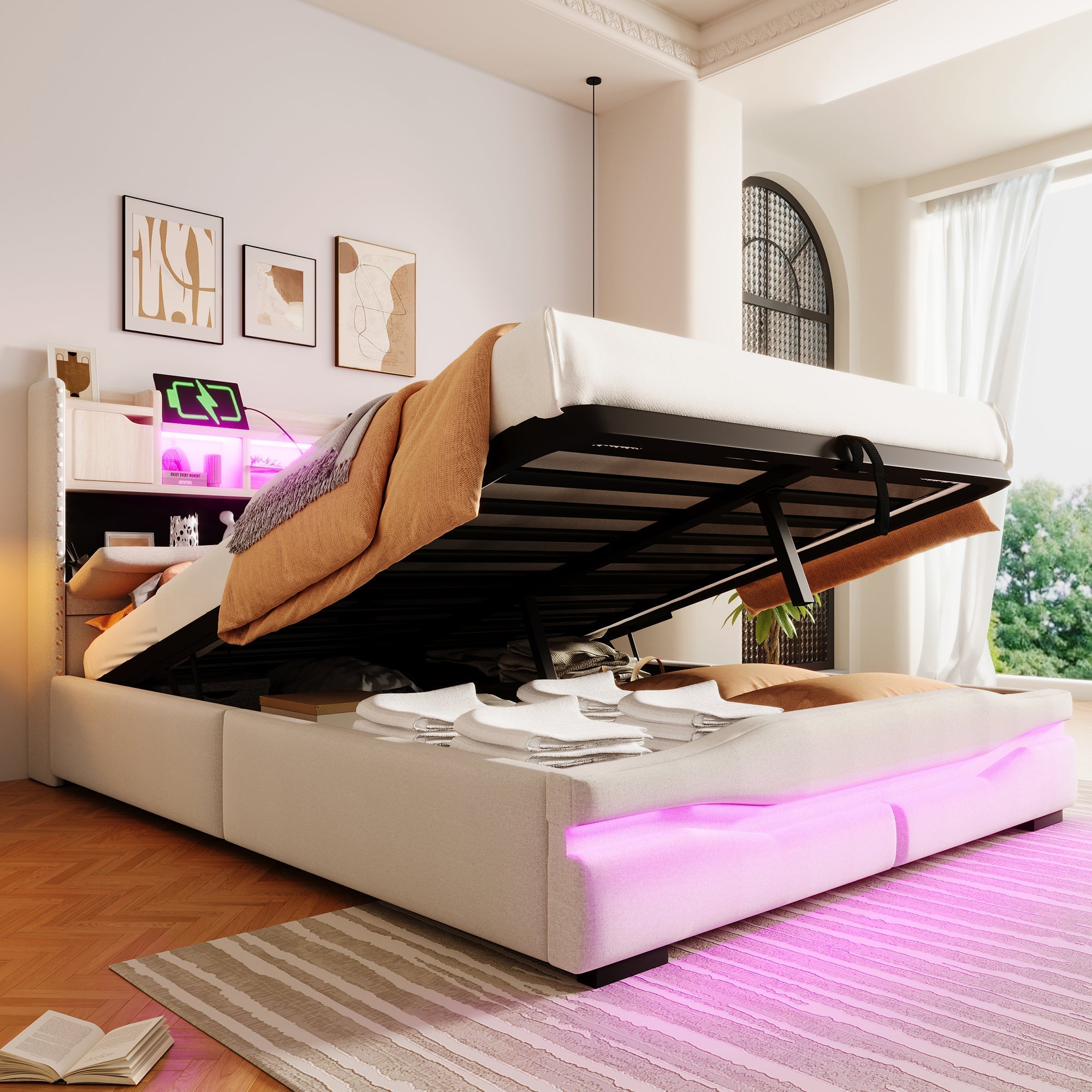 Upholstered Bed 140x200cm Hydraulic Storage USB-C LED Headboard Compartment Beige