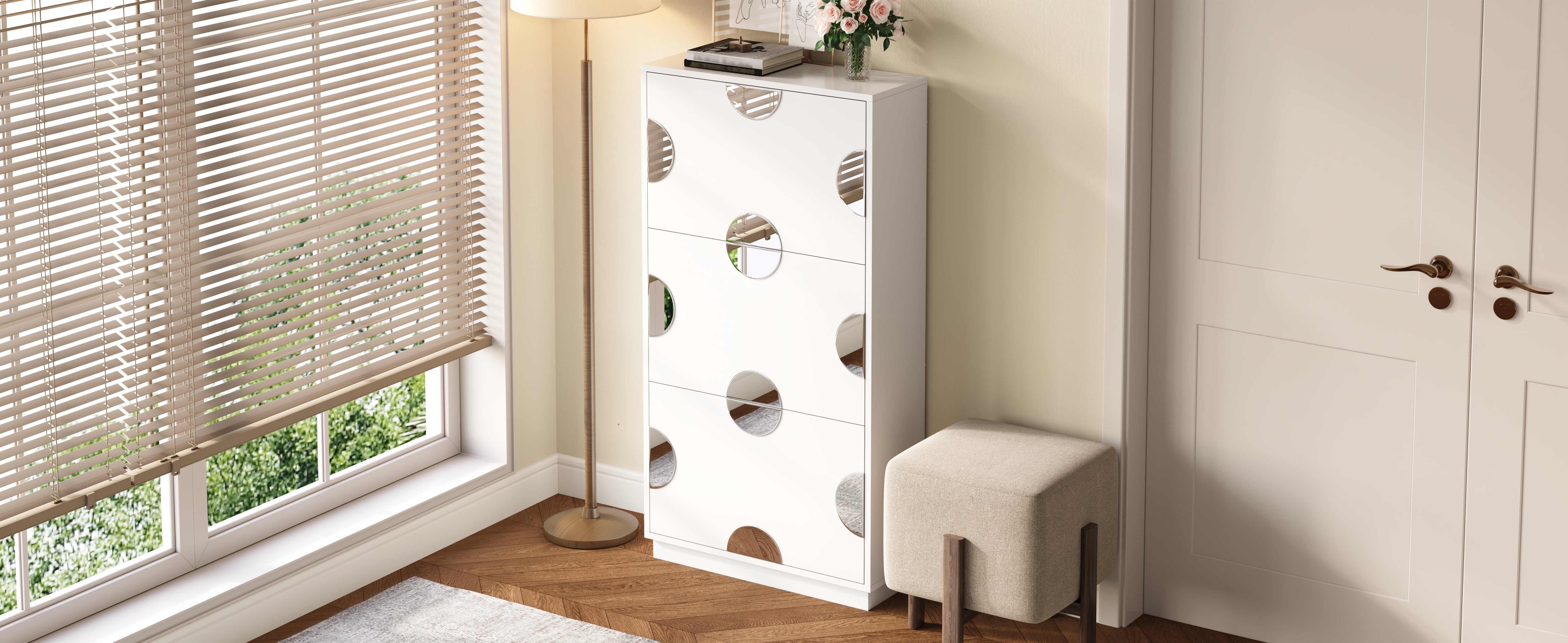 Shoe Cabinet with 3 Doors and Round Mirror, Large Storage for Entryway, White