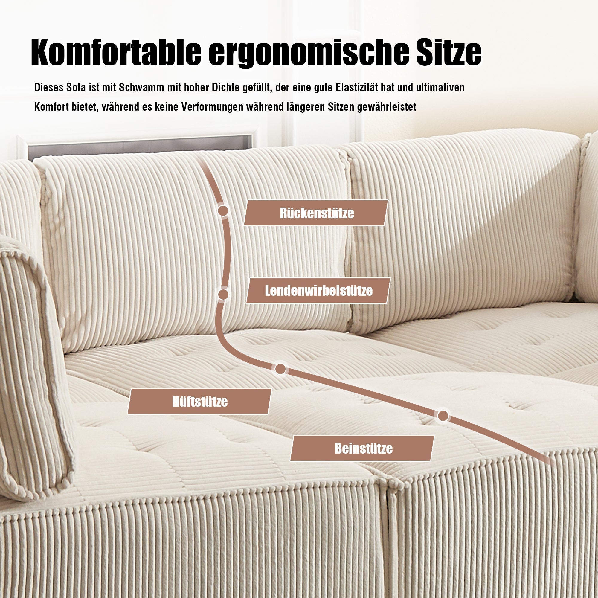 Modular 6-Seater Sofa 308cm Ergonomic Storage Pockets Corduroy, Beige
