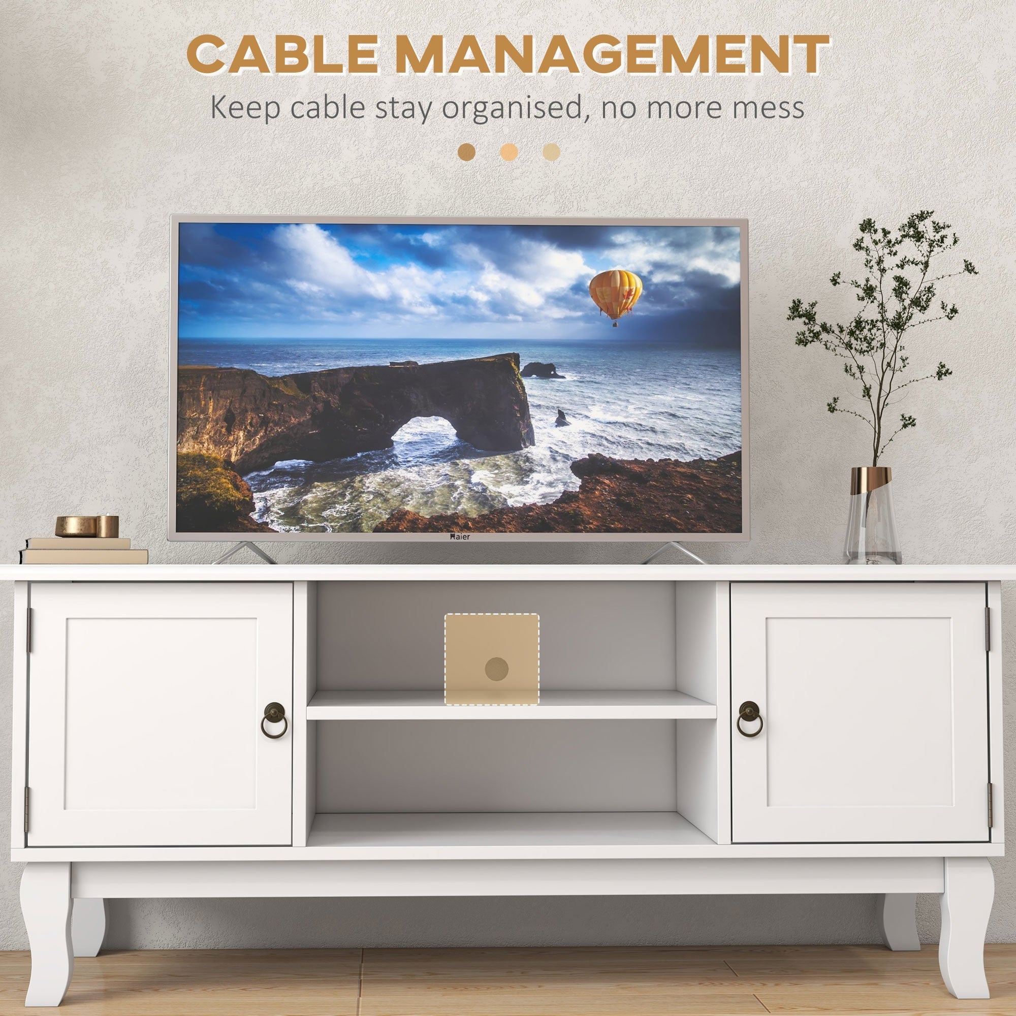 TV Unit 55" Cabinet, 2 Doors Open Storage Cable Management, White