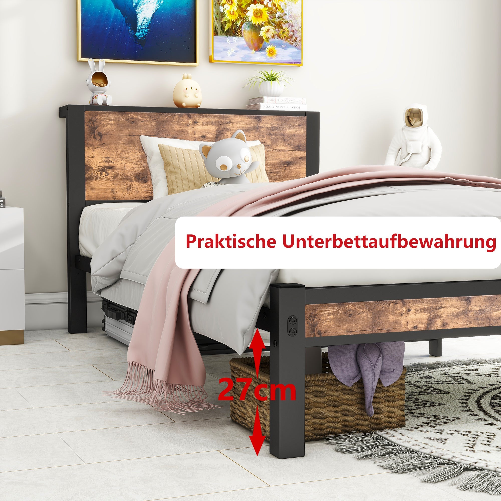 Metal Frame Single Bed, 90x200 cm with Storage Space, Vintage Brown