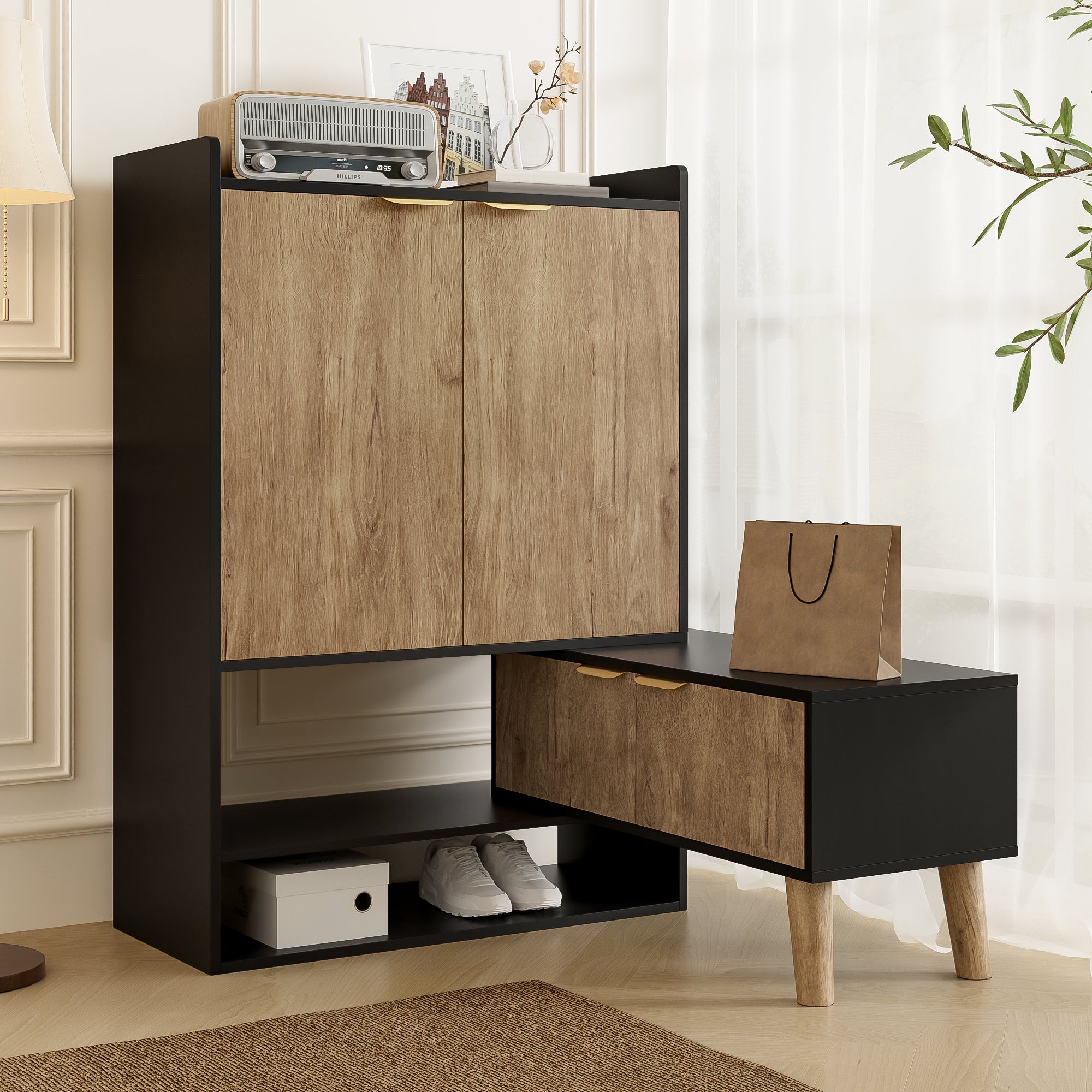 Multifunctional Shoe Cabinet, Extendable Swivel Seat, Large Storage, Open/Closed Shelving, Black + Wood Finish