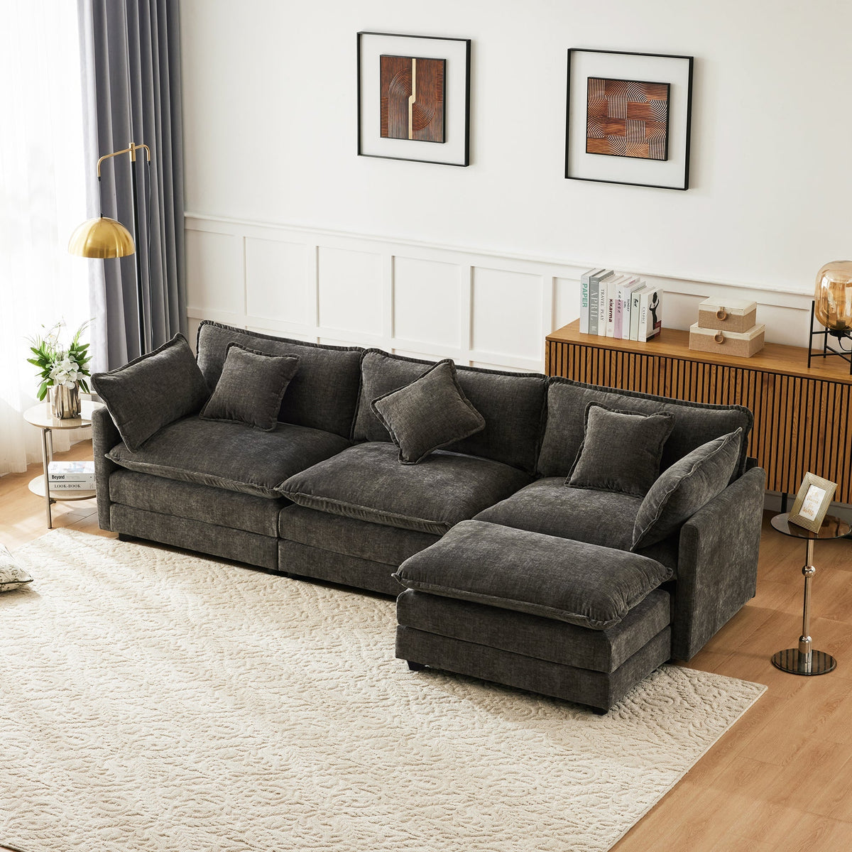 L-Shaped Corner Sofa with Footrest, 3-Seater Upholstered, Chenille Fabric