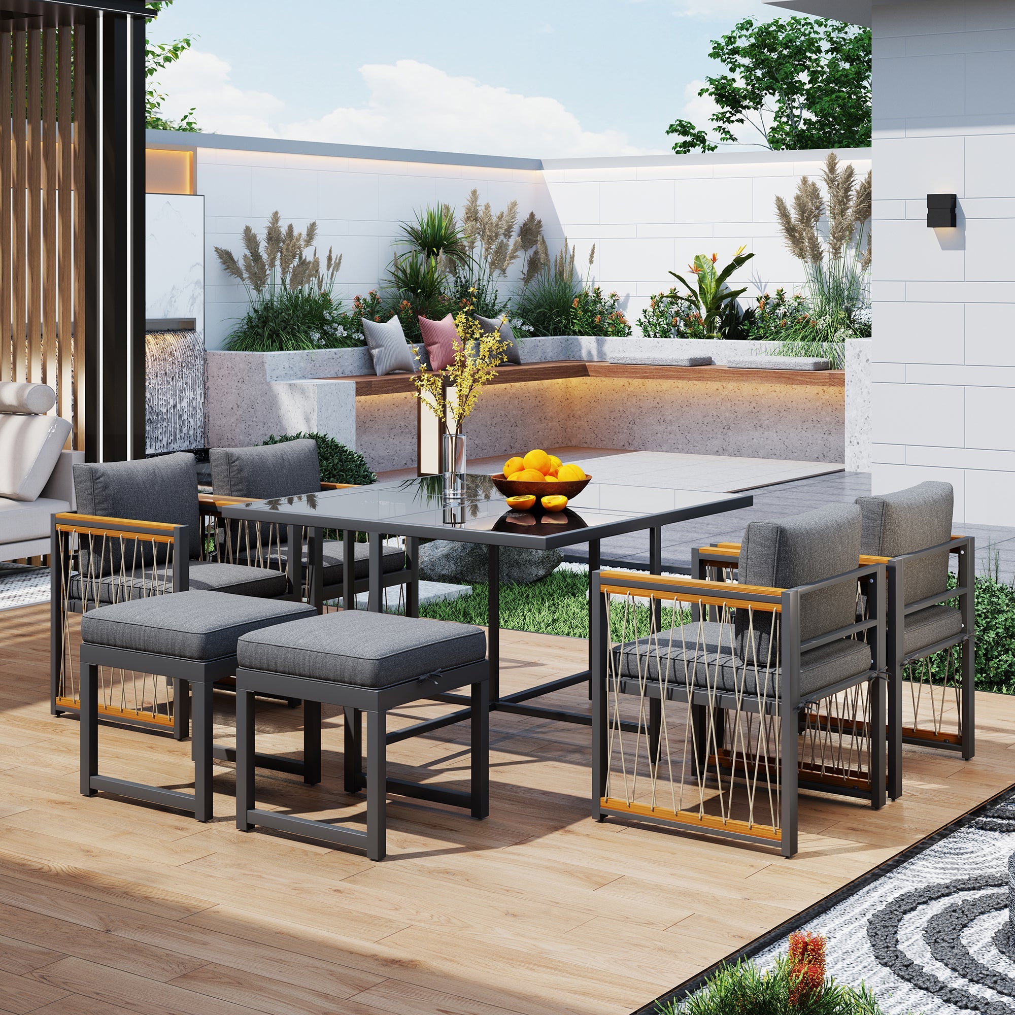 7-Piece Outdoor Dining Set for 6, Tempered Glass Table, Acacia Wood