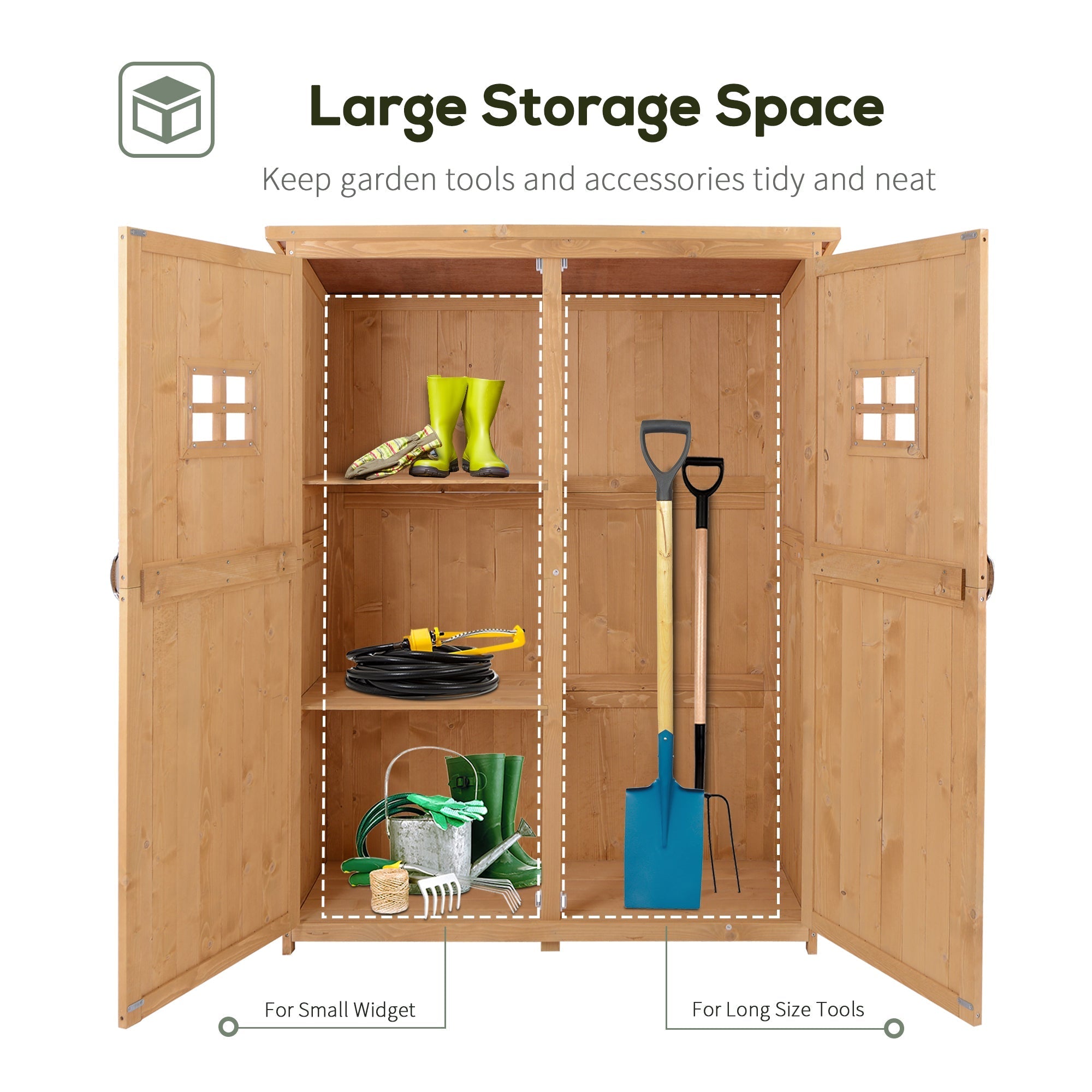 Wooden Garden Shed Tool Storage Cabinet Double Door Organizer, Natural