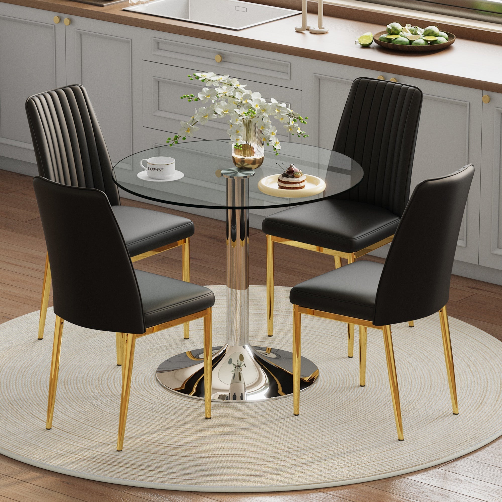 Dining Table Set Modern Minimalist Glass Table Ø85cm with 4 Chairs - Faux Leather Black