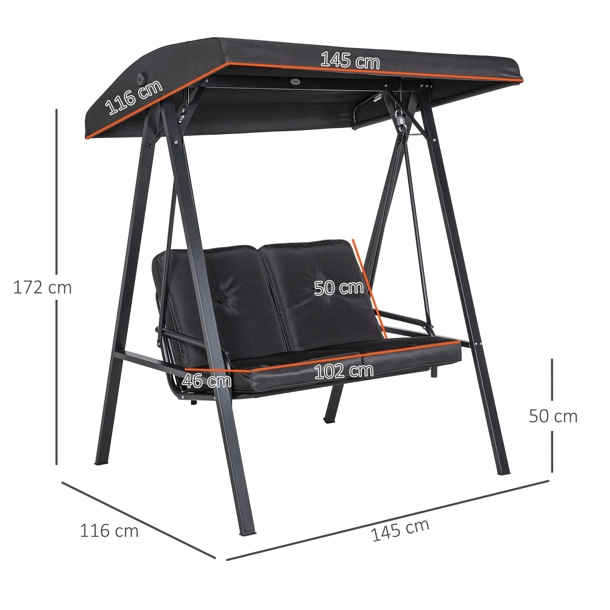 Hollywood Swing 2-Seater Garden Swing Adjustable Canopy 220kg Load Capacity, Black