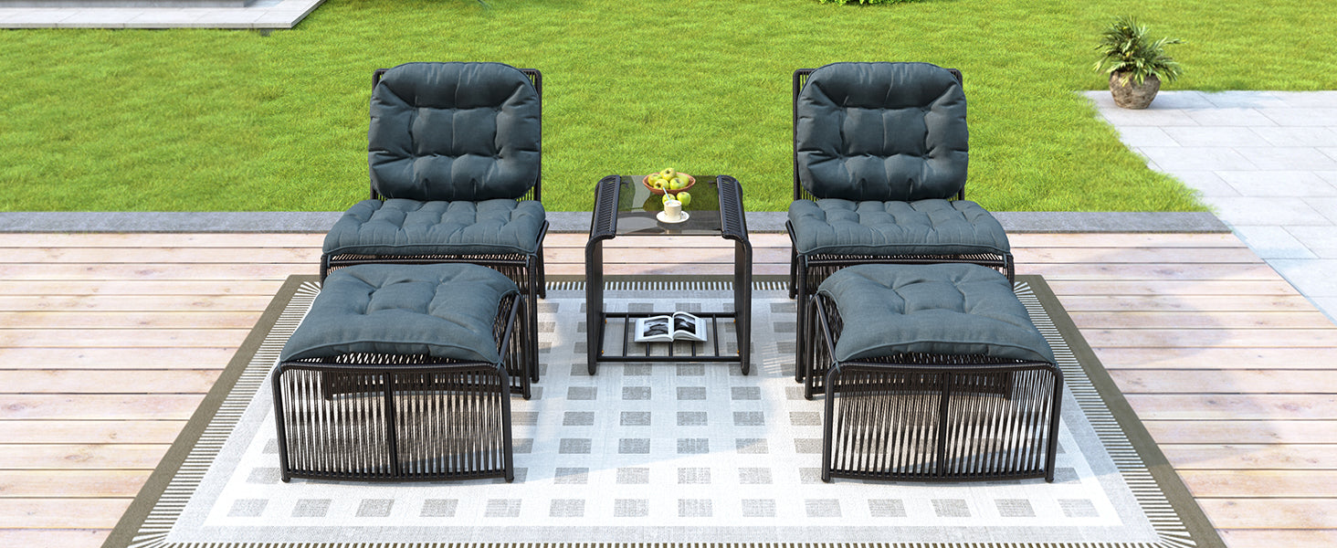 5-Piece Outdoor Garden Furniture Set with Table, 2 Chairs, 2 Stools and Glass Top, PE Rattan and Iron Frame