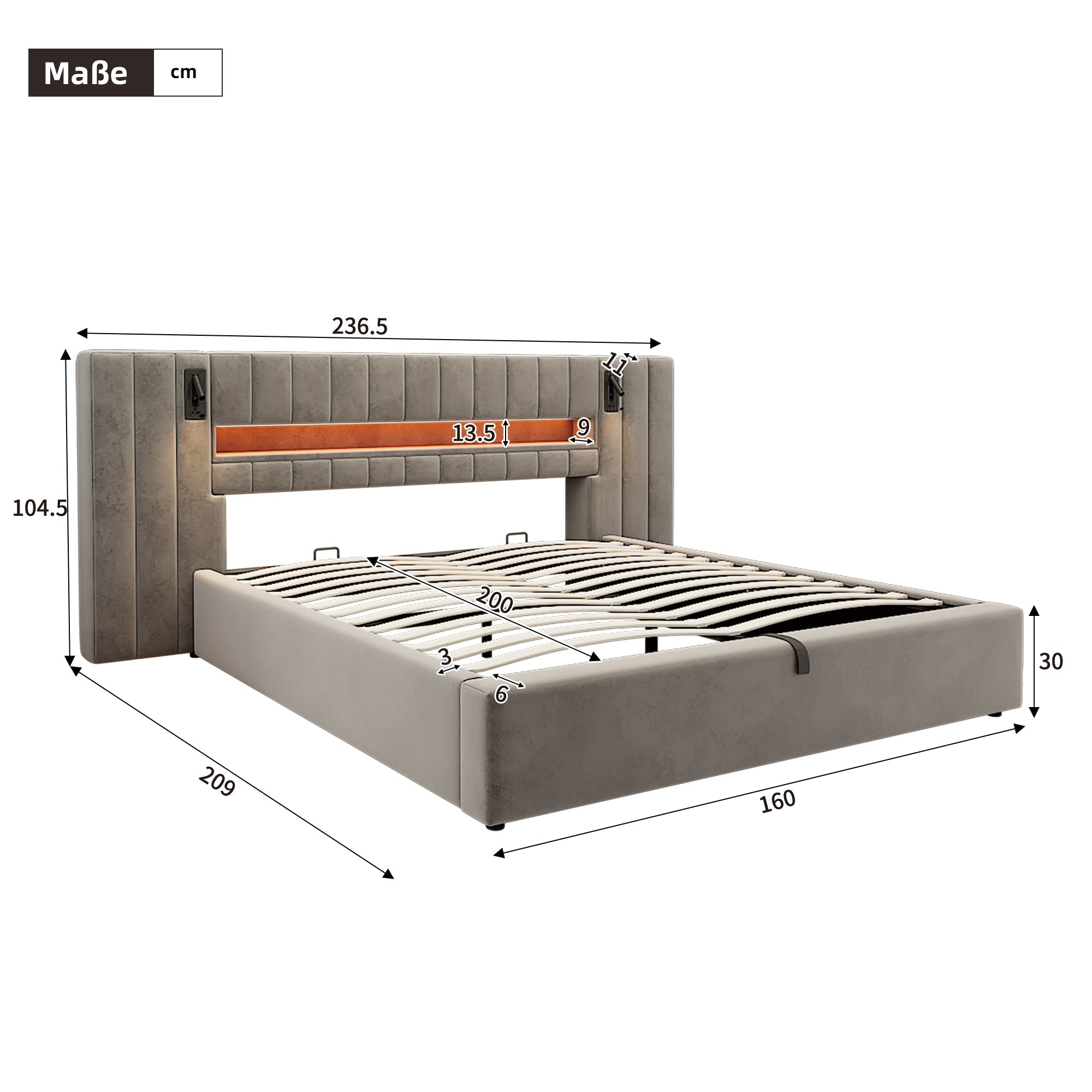 Upholstered Double Bed with USB Port, LED Lighting and Storage, 160x200cm, Grey Velvet