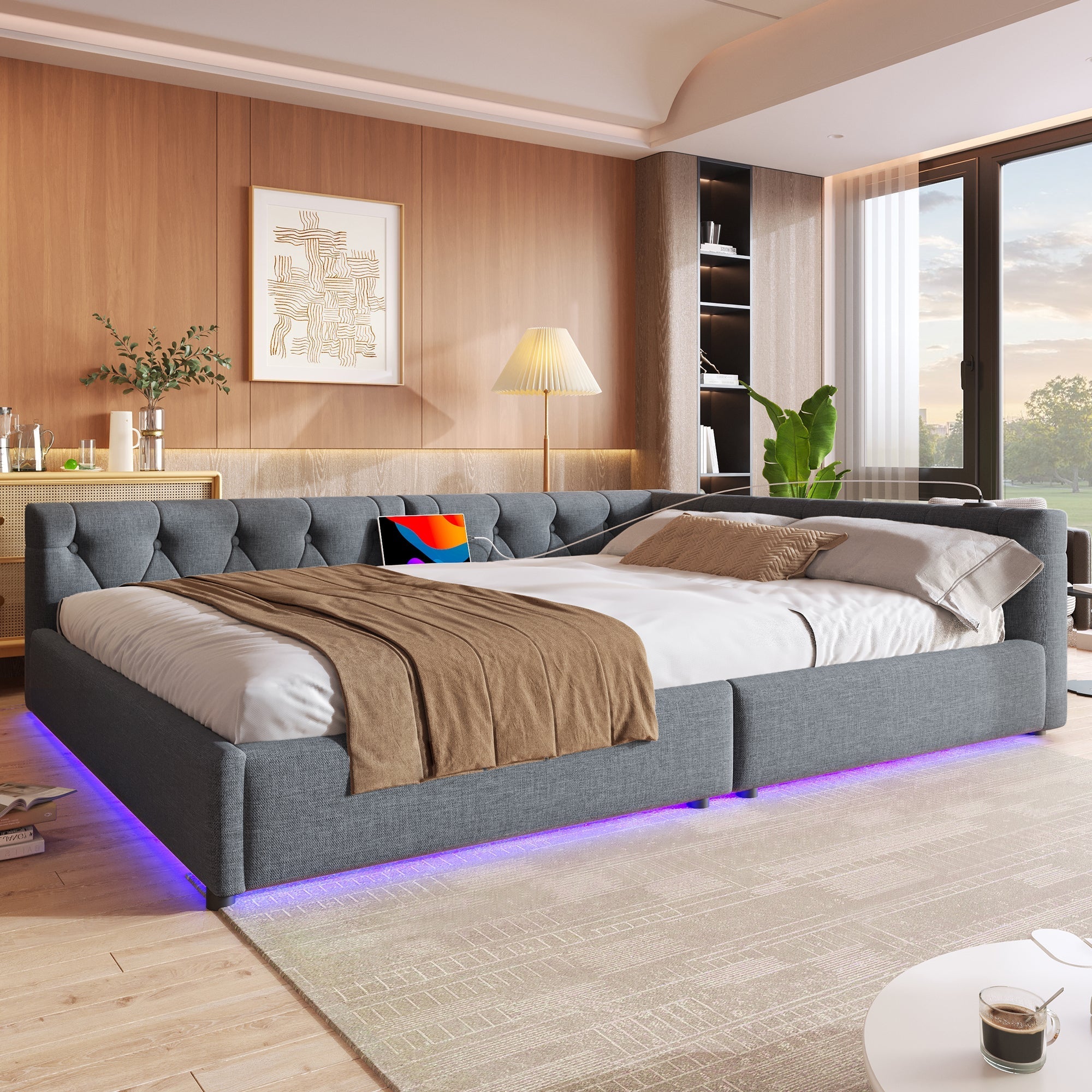 Daybed Sofa Bed 140x200cm LED USB/Type-C Button Tufted - Linen Grey