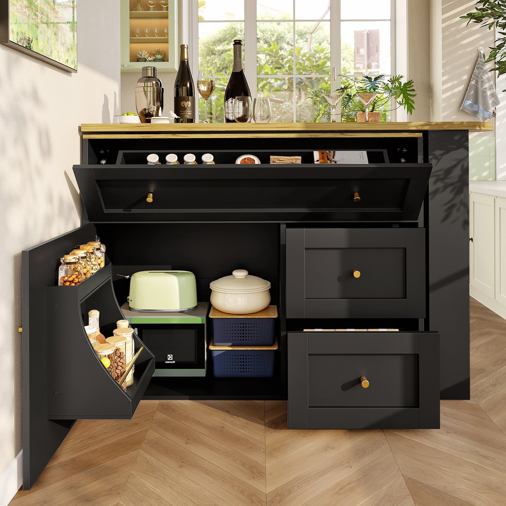 Extendable Bar Table with Storage and Snack Shelf, Black