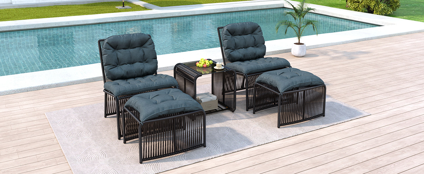 5-Piece Outdoor Garden Furniture Set with Table, 2 Chairs, 2 Stools and Glass Top, PE Rattan and Iron Frame