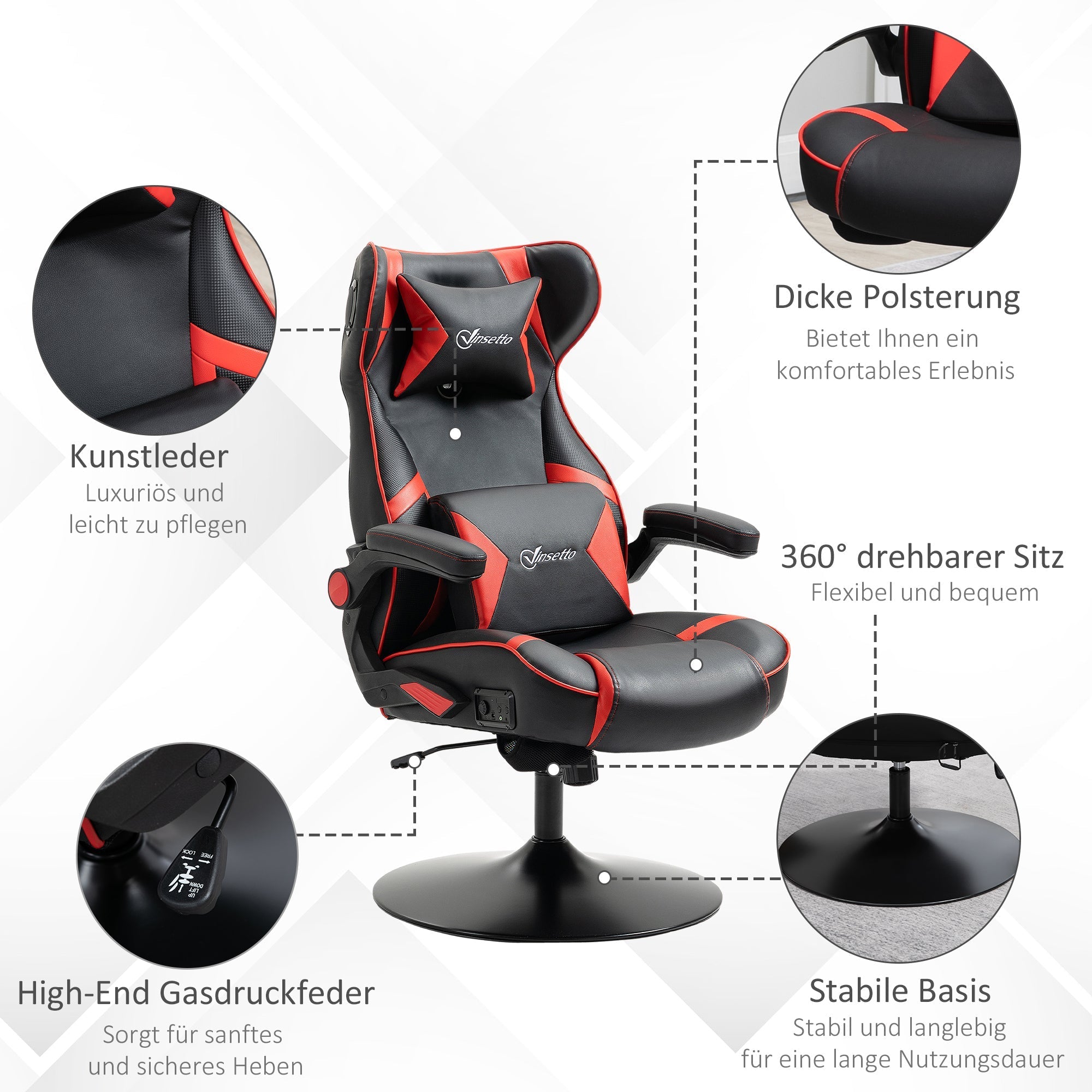 Vinsetto Gaming Chair, Height Adjustable, Rocking, Speakers, Ergonomic, Faux Leather