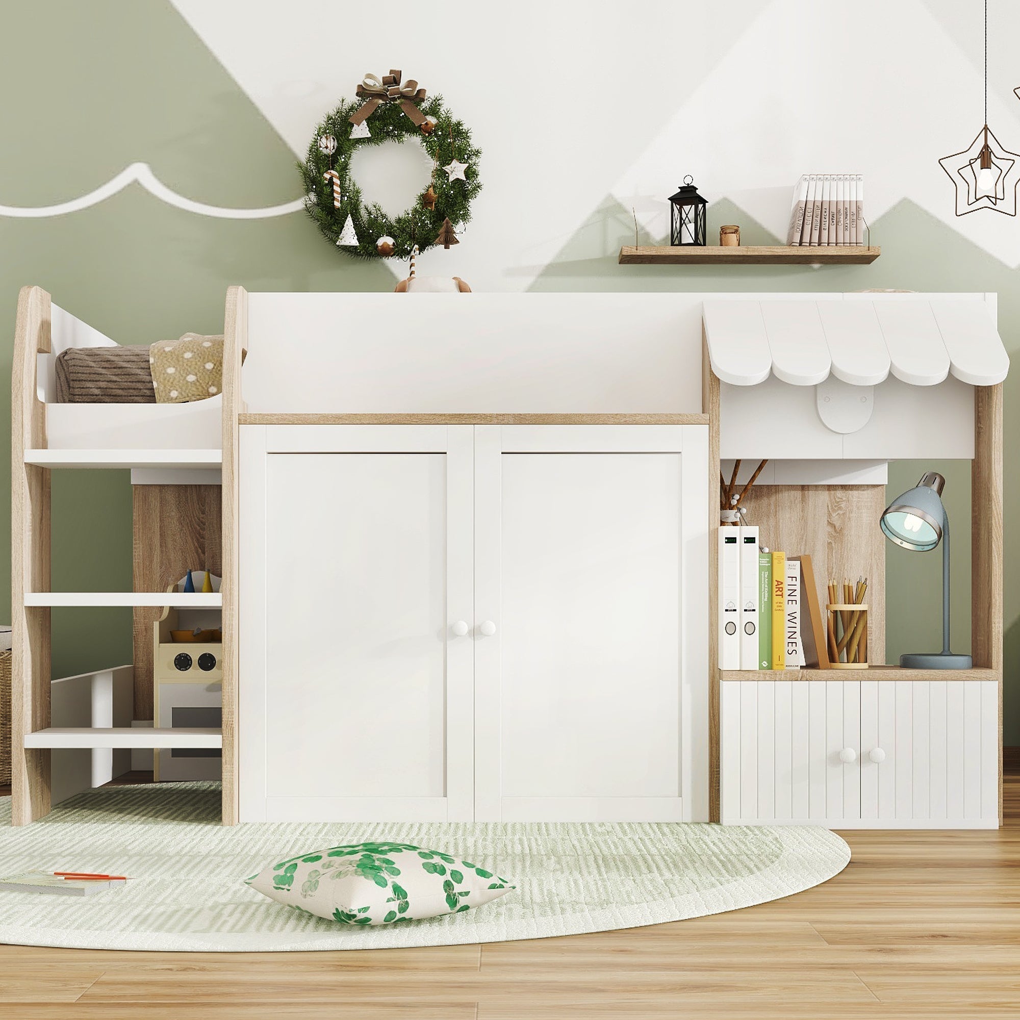 Wooden High Sleeper Bed 3ft Single with Ladder and Storage Cabinets, White Pine + MDF + Plywood