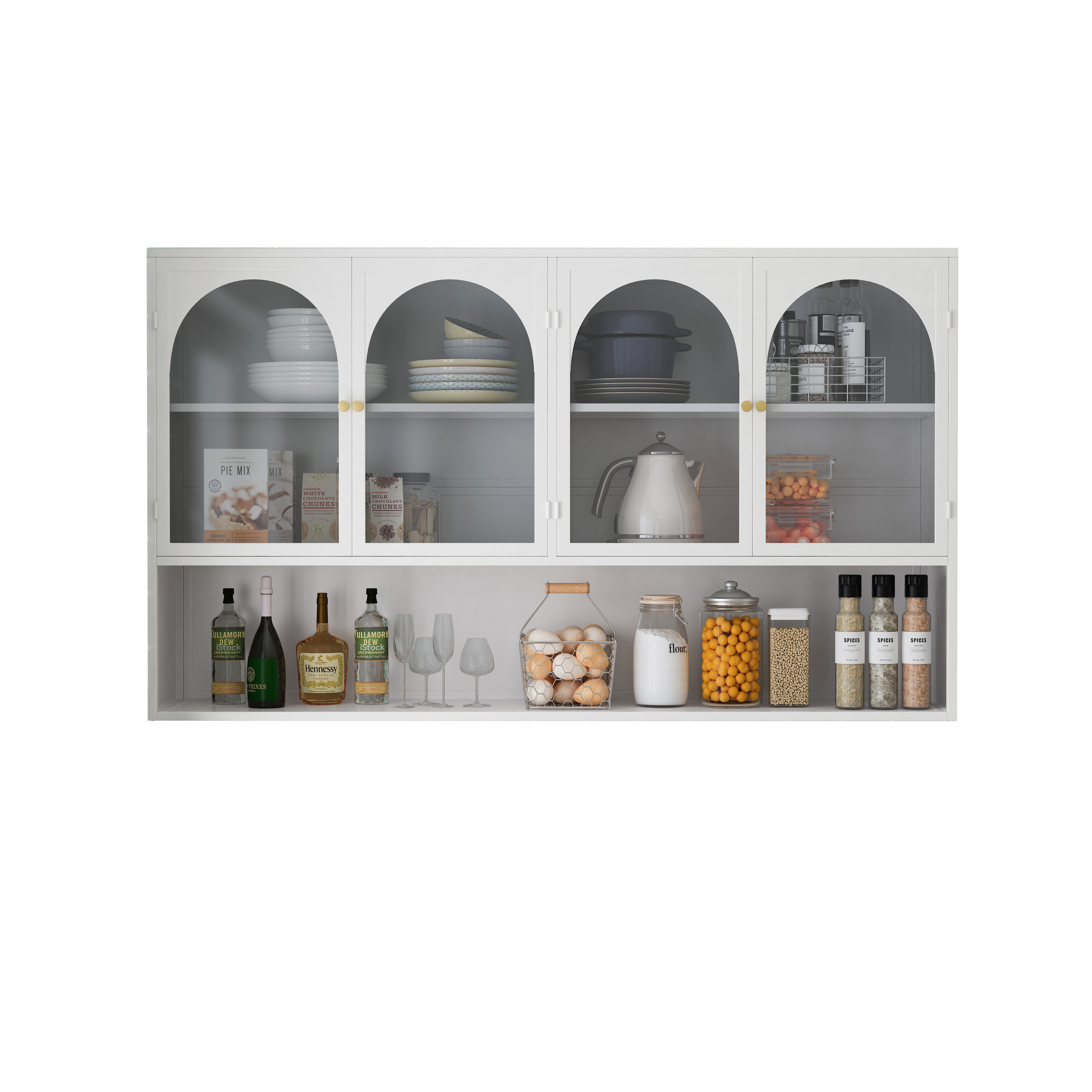 Four-door Wall Cabinet, 120CM Glass Storage, White