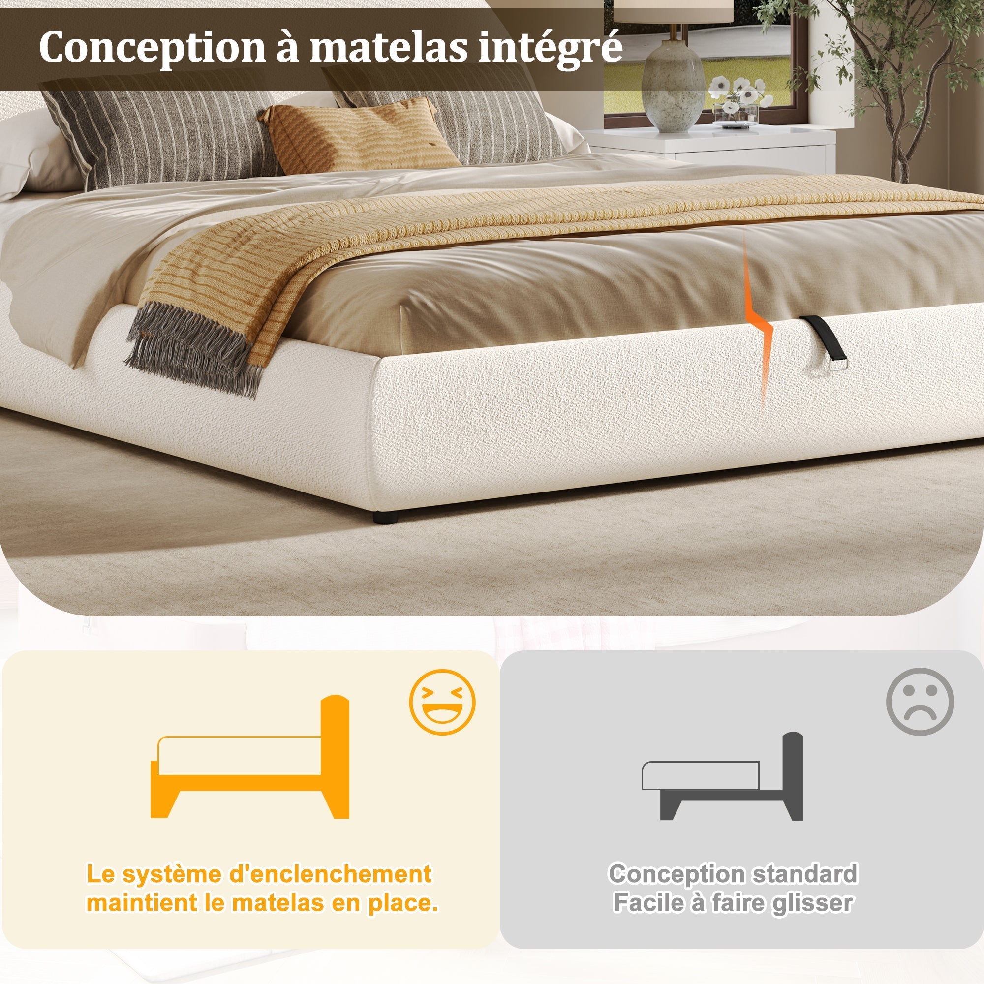 Upholstered Double Bed with Hydraulic Storage and Slatted Frame, 180x200cm, White Bouclé
