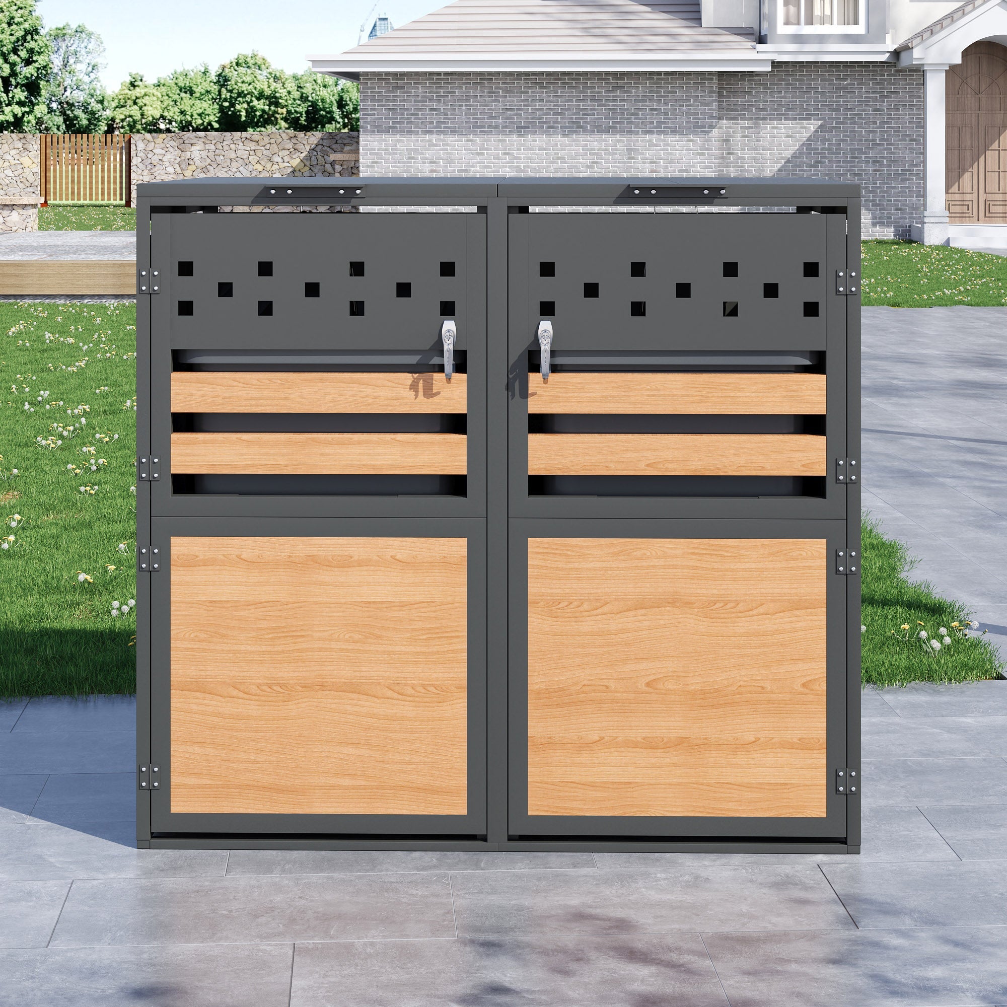 Bin Storage Box with Hinged Lid, Lockable Two Doors and Diamond Cutouts, Wood Grain Panels