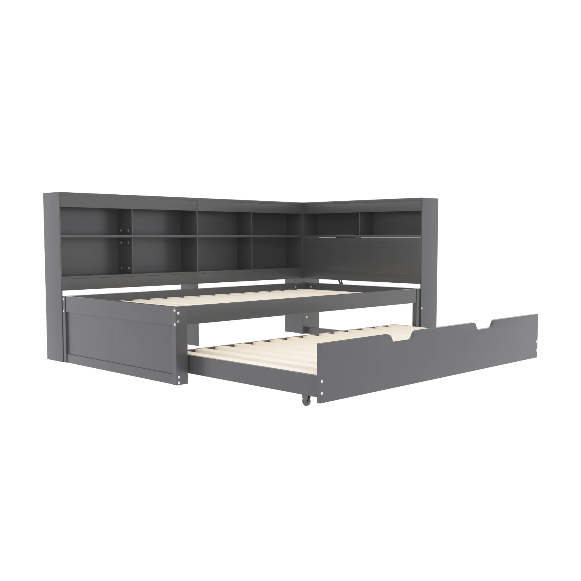 Multifunctional Sofa Bed with Extendable Bed, USB Socket and Storage, Grey Solid Wood