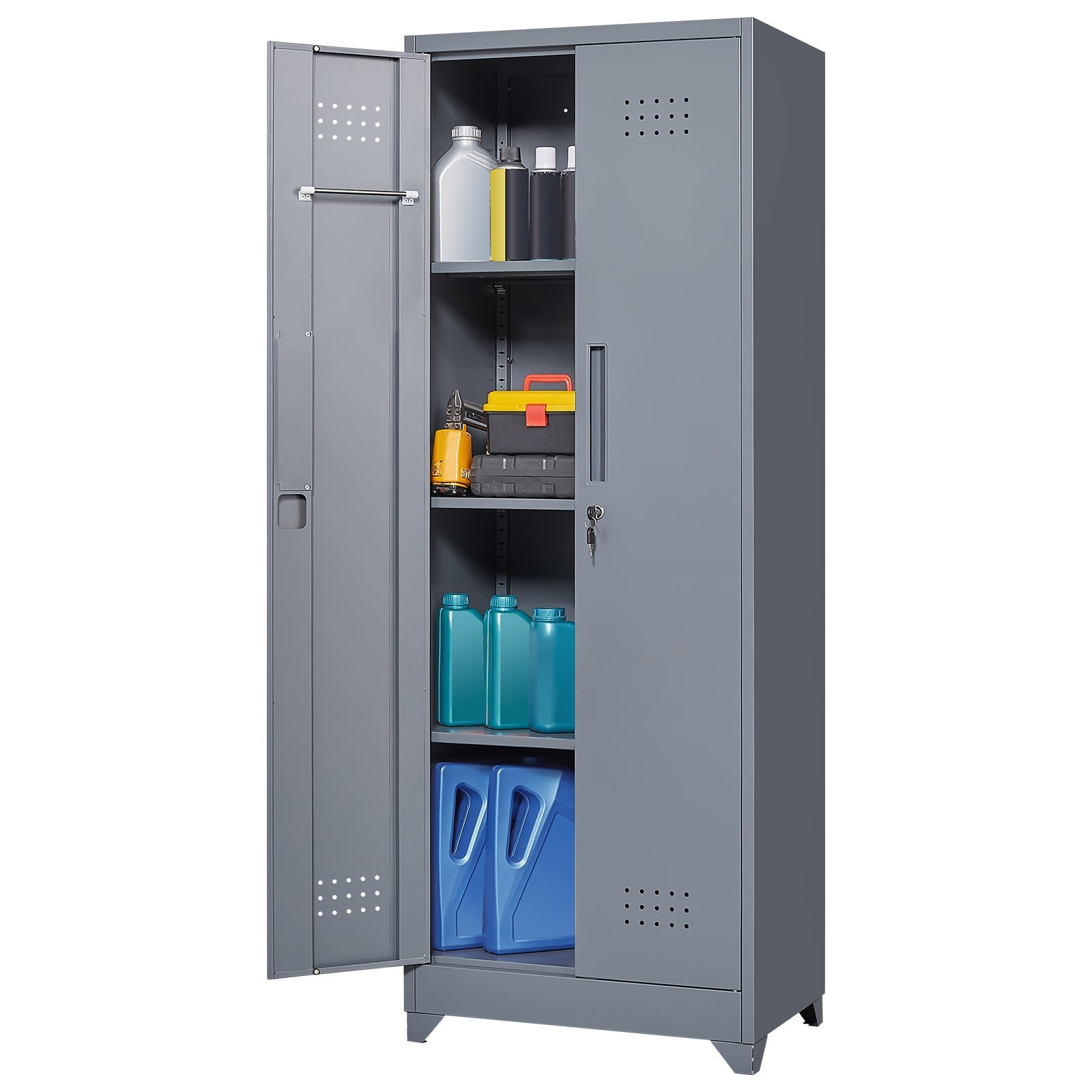 Broom Storage Cabinet with Locking Doors, Shelves and Hanging Rod, 65" H, Metal