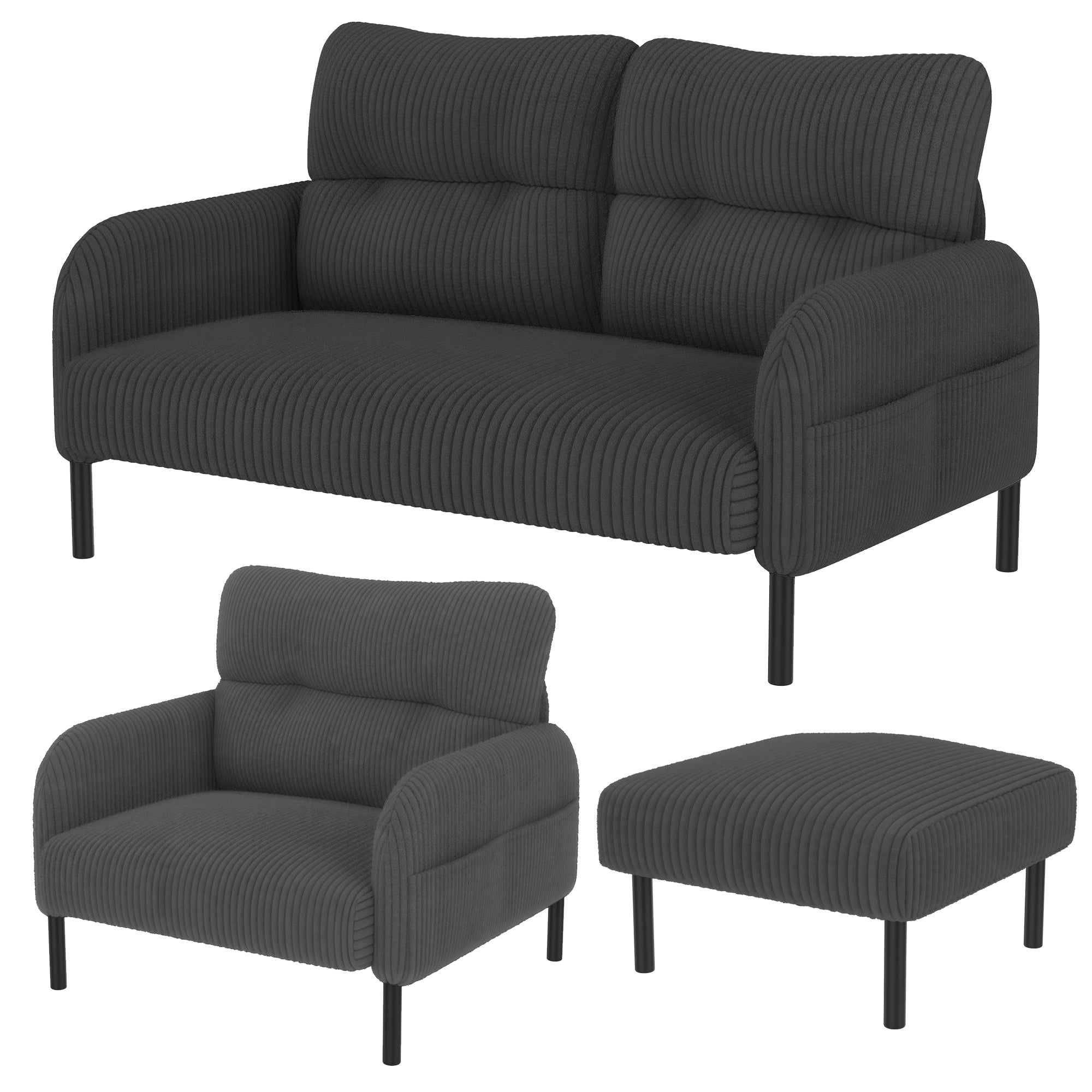 Cord Sofa Set, Modular 3-Piece Deep Seat Side Pocket, Grey Fabric