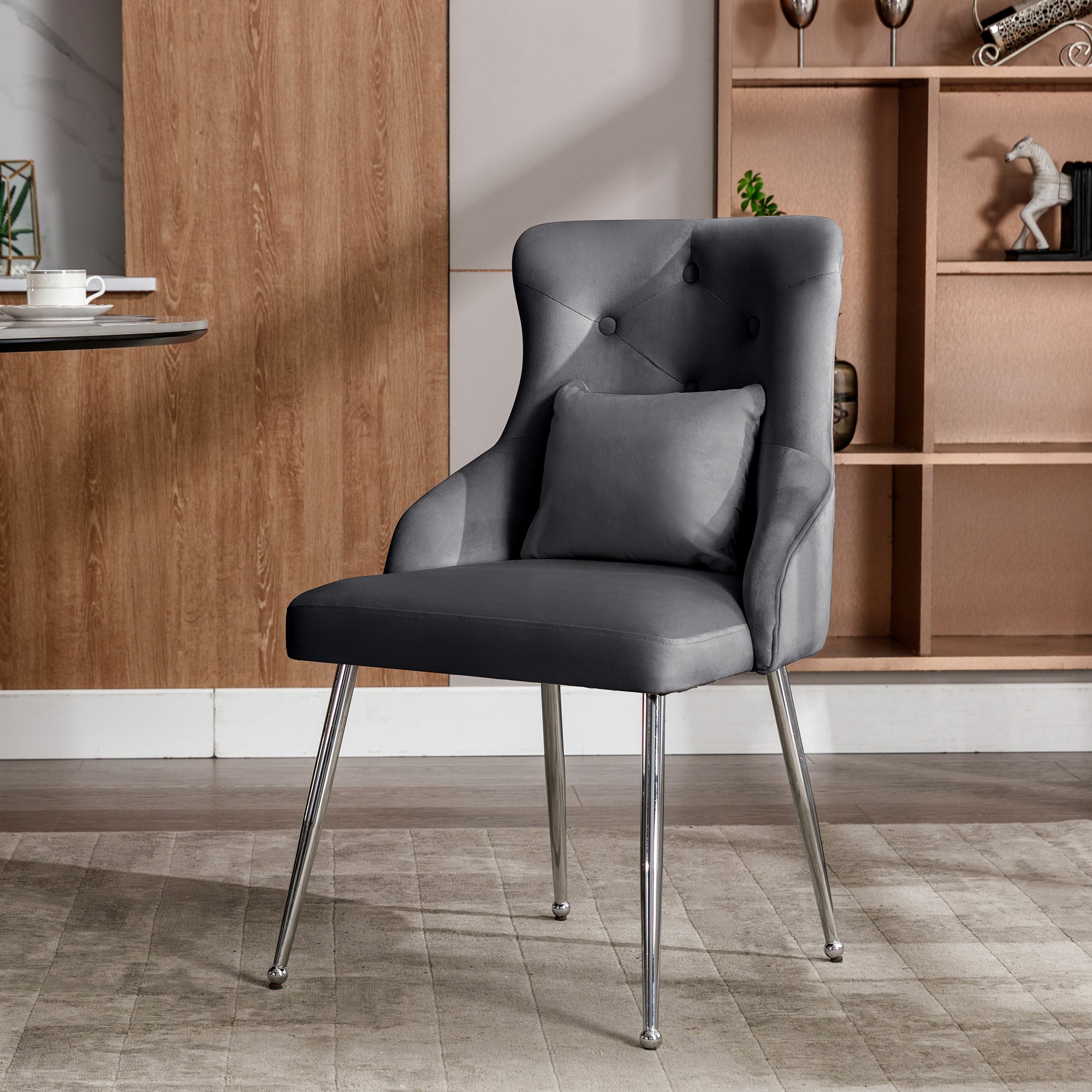 Button Pattern Dining Chair, Upholstered Armchair with Metal Legs, Modern Lounge Chair, Grey