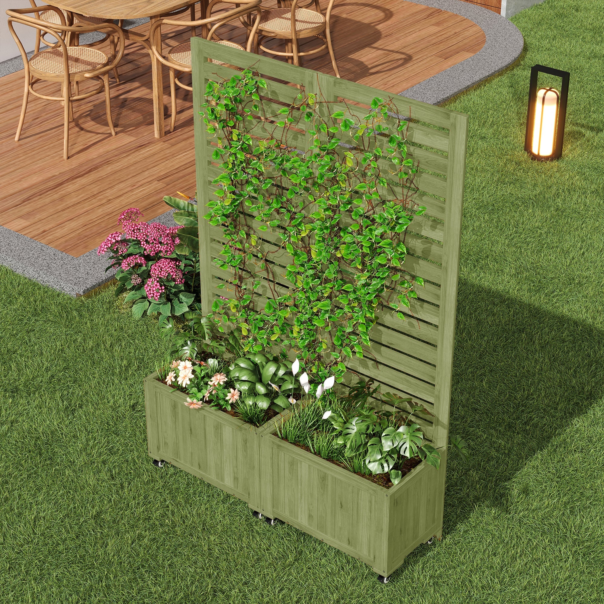Outdoor Planter Box with Trellis and Folding Universal Wheels