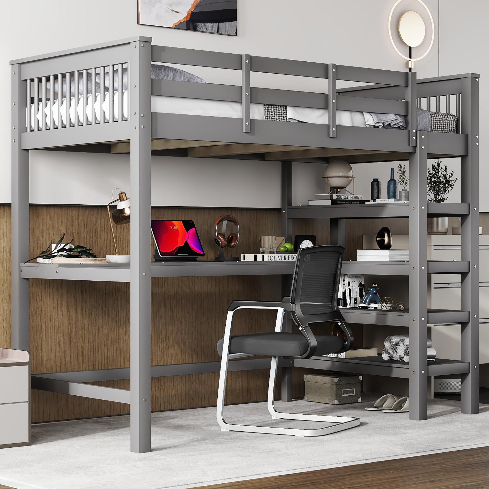 Loft Bed 90x200cm Children's Storage Under-Bed Desk Grey