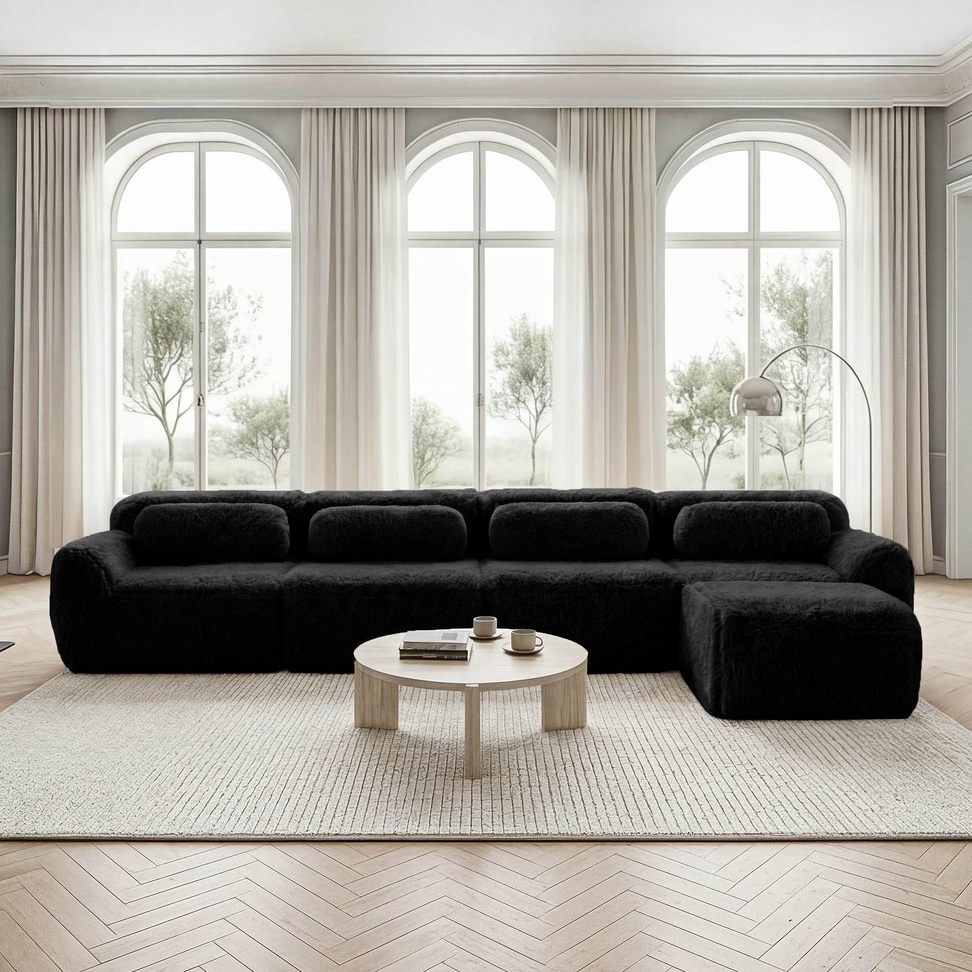 L-Shaped Sofa 4-Seater Modular Chaise No Assembly - Plush Fabric Black