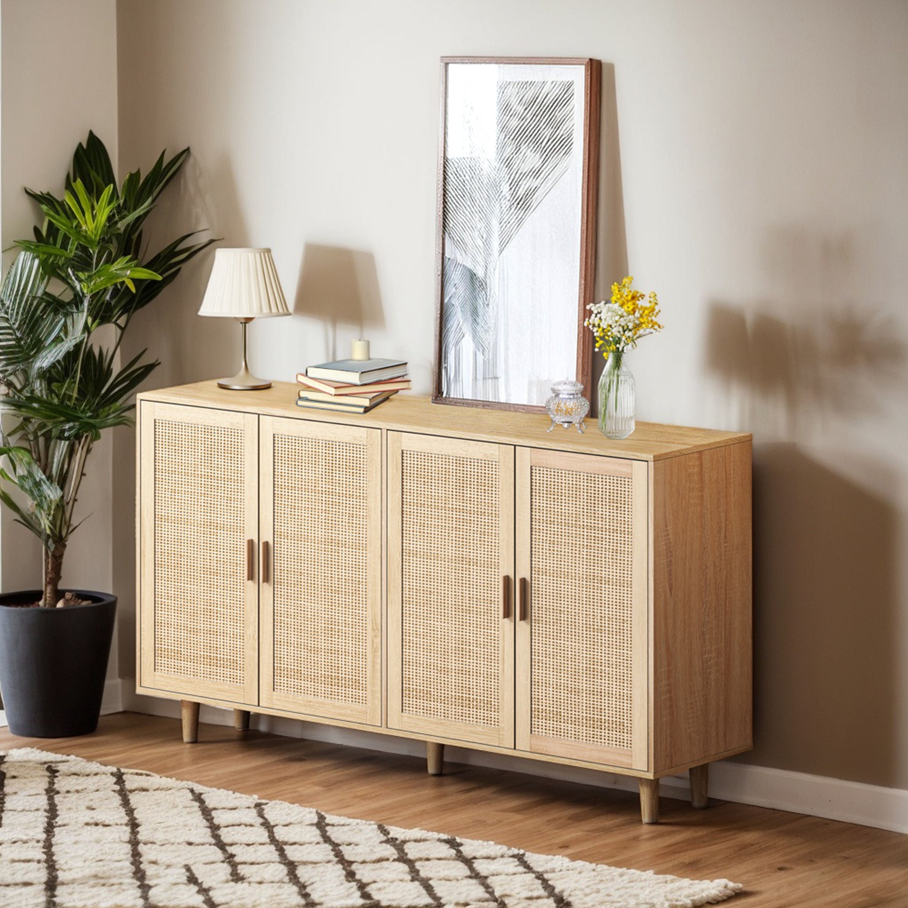 Rattan Decorative Storage Cabinet, 158CM 4-Door, Natural