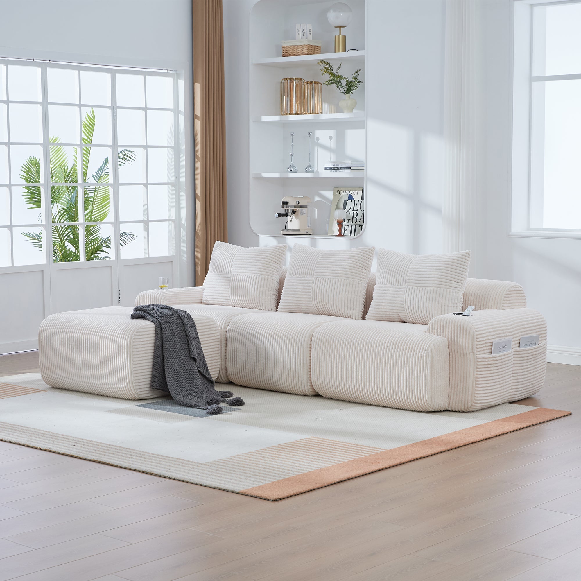 3-Seater Modular Corduroy Sofa with Ottomans, Cup Holders and Storage, Beige