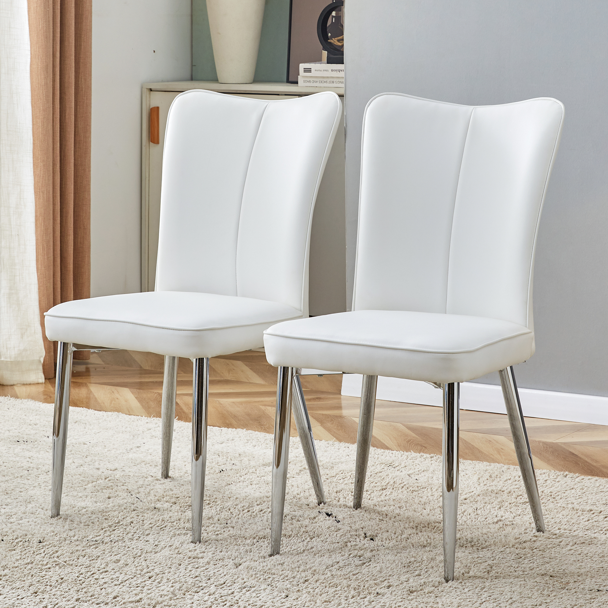 2x Modern Dining Chairs PU Leather Silver Metal Legs White