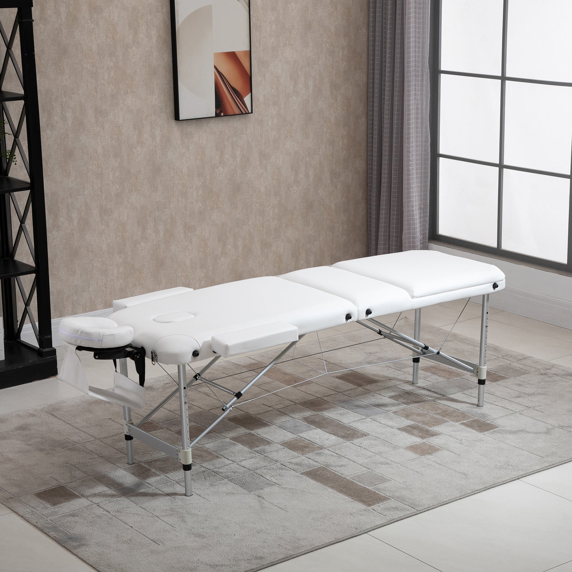 Foldable massage table, height-adjustable with pillow, white plastic & aluminum