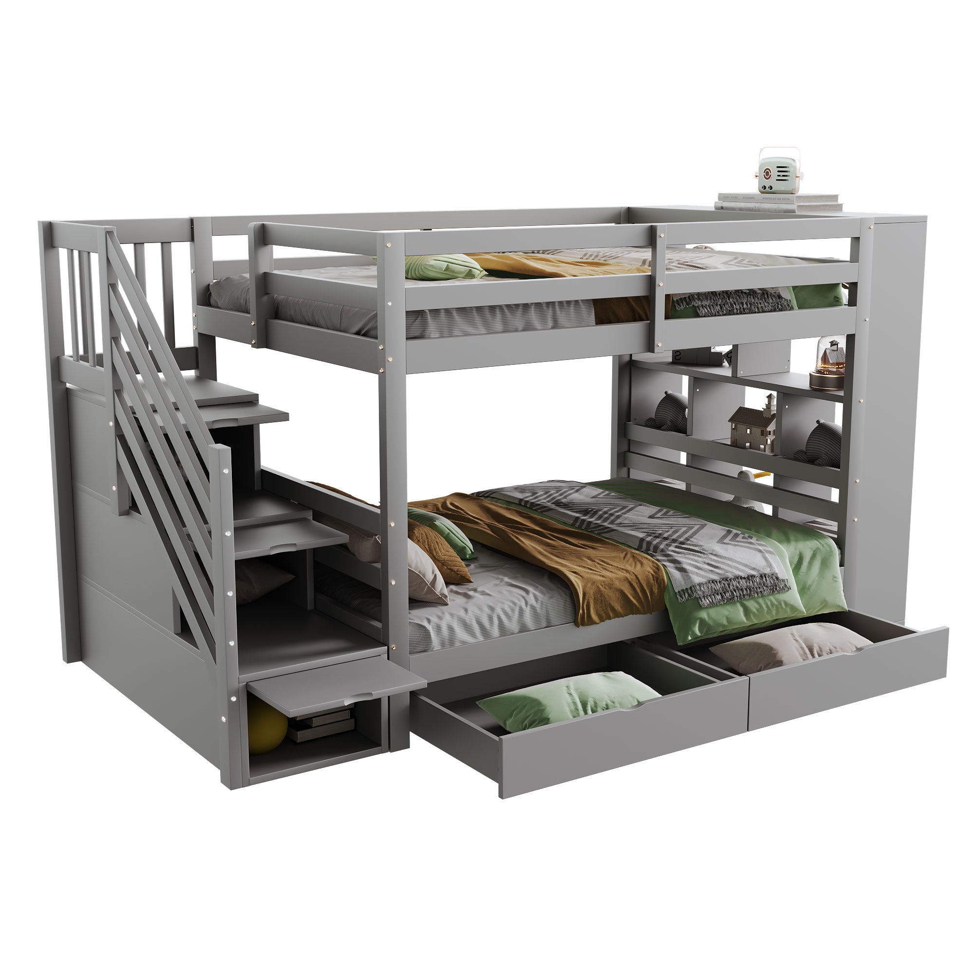 Bunk bed 90 x 200 cm with safety ladder, storage, high fence, slatted frame, grey pine